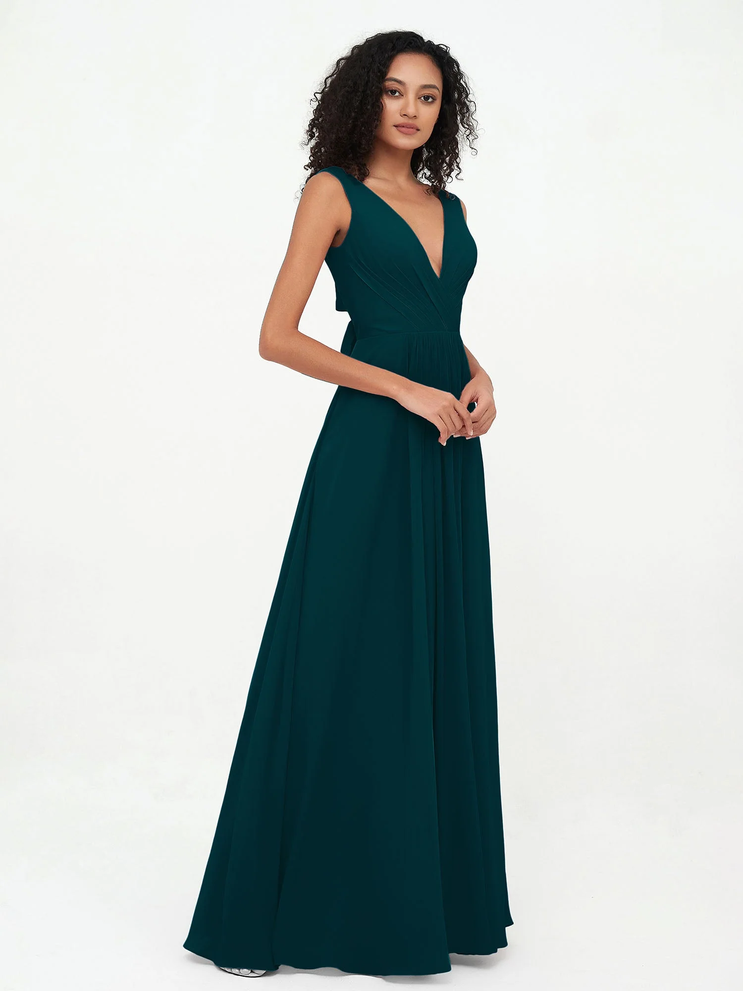 V-Ausschnitt Lang Chiffon Kleider mit Taschen Kieferngrün - Image 3