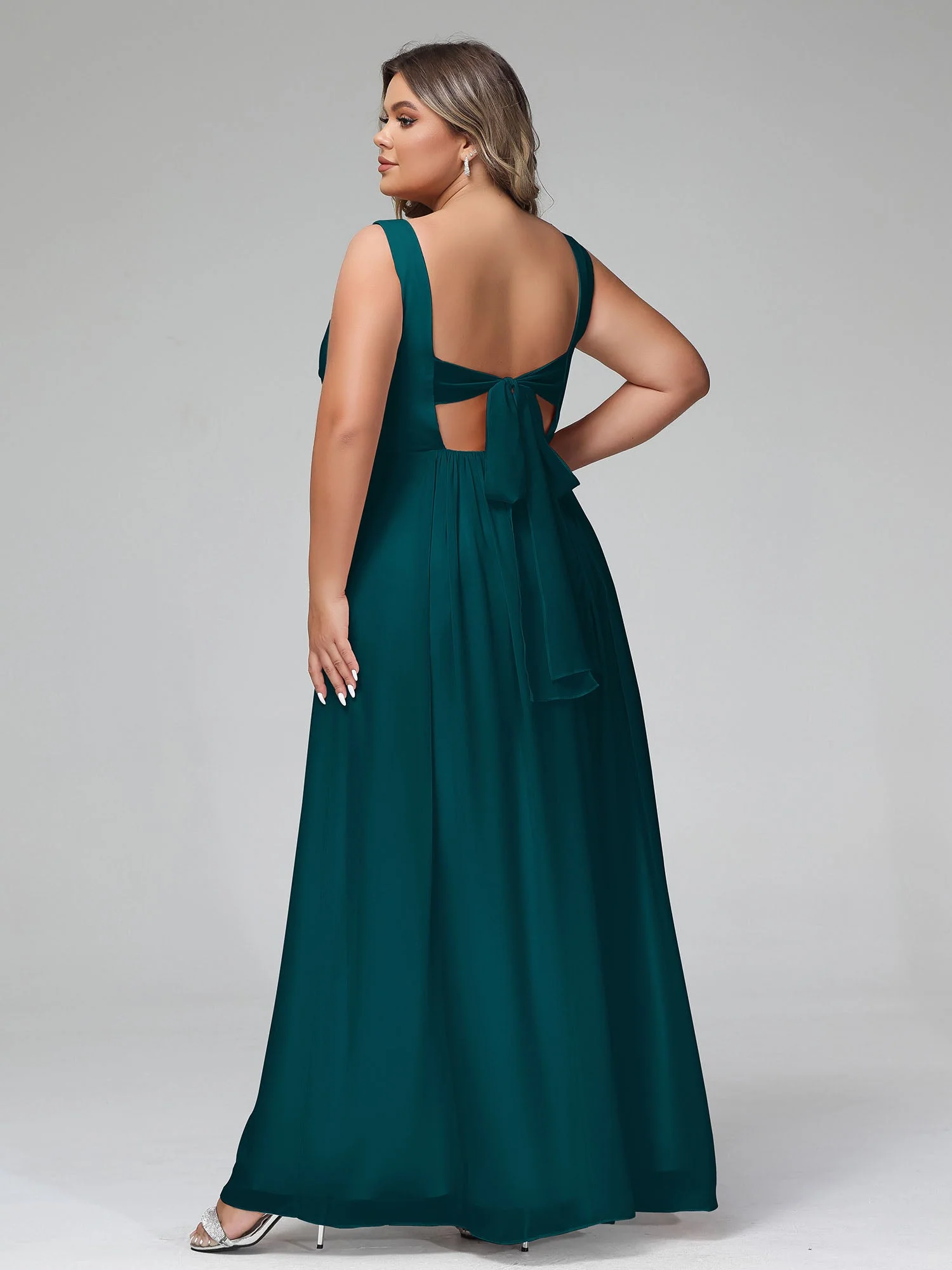 V-Ausschnitt Lang Chiffon Kleider mit Taschen Kieferngrün - Image 7