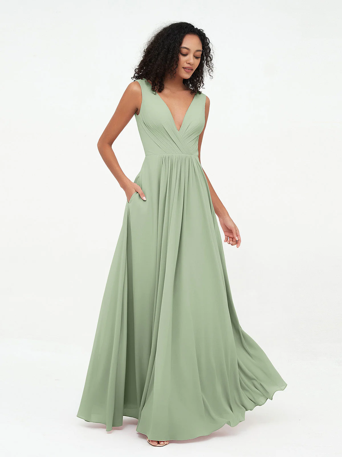 V-Ausschnitt Lang Chiffon Kleider mit Taschen Sale - Image 6