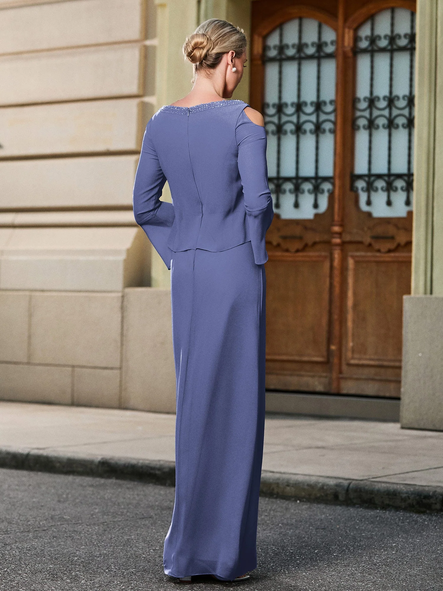 V-Ausschnitt Langarm Gefälscht Zweiteiliger Chiffon Kleid Periwinkleblau - Image 2
