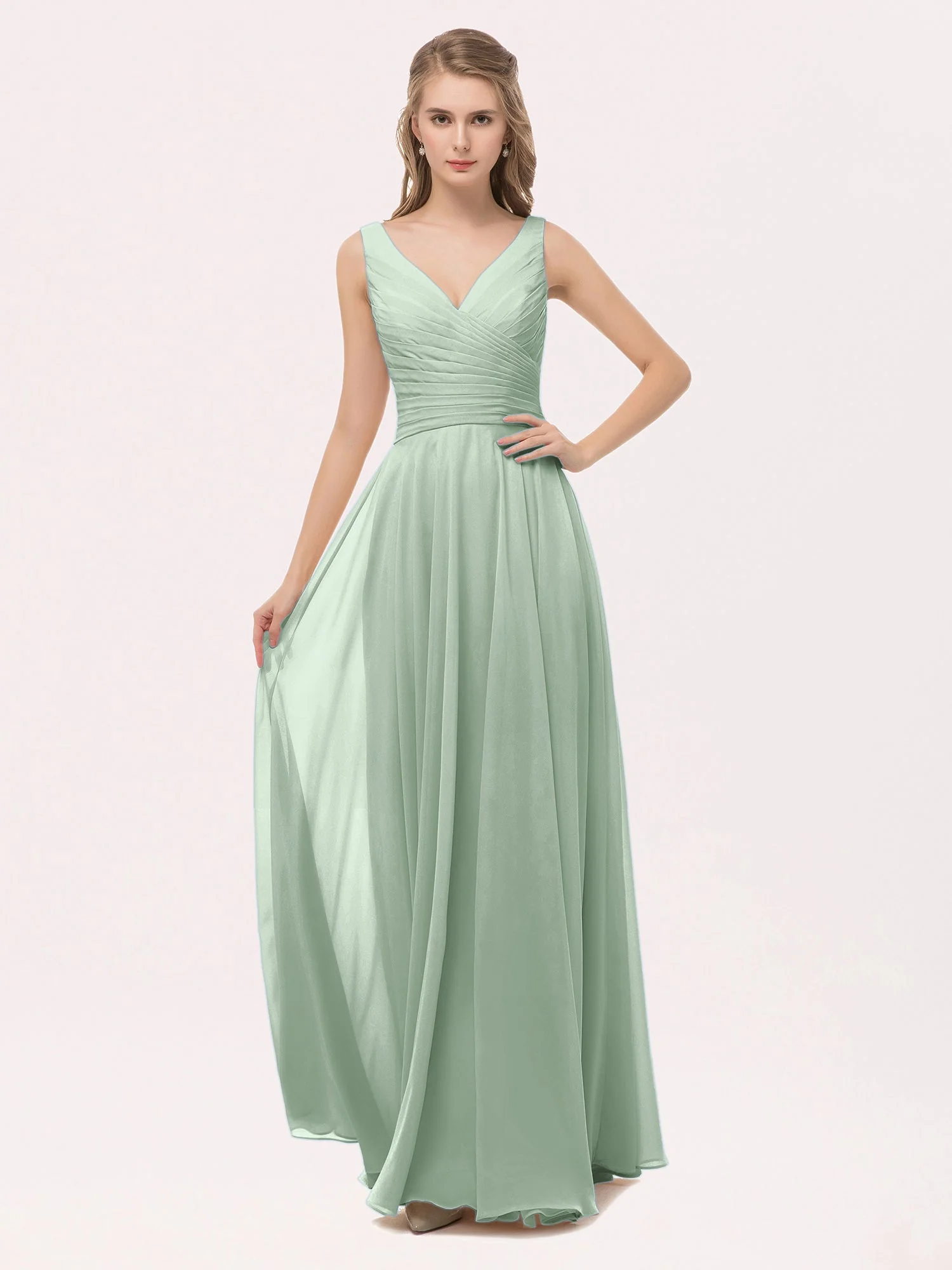 V-Ausschnitt lange Chiffon Kleid mit Bowknot Agavengrün