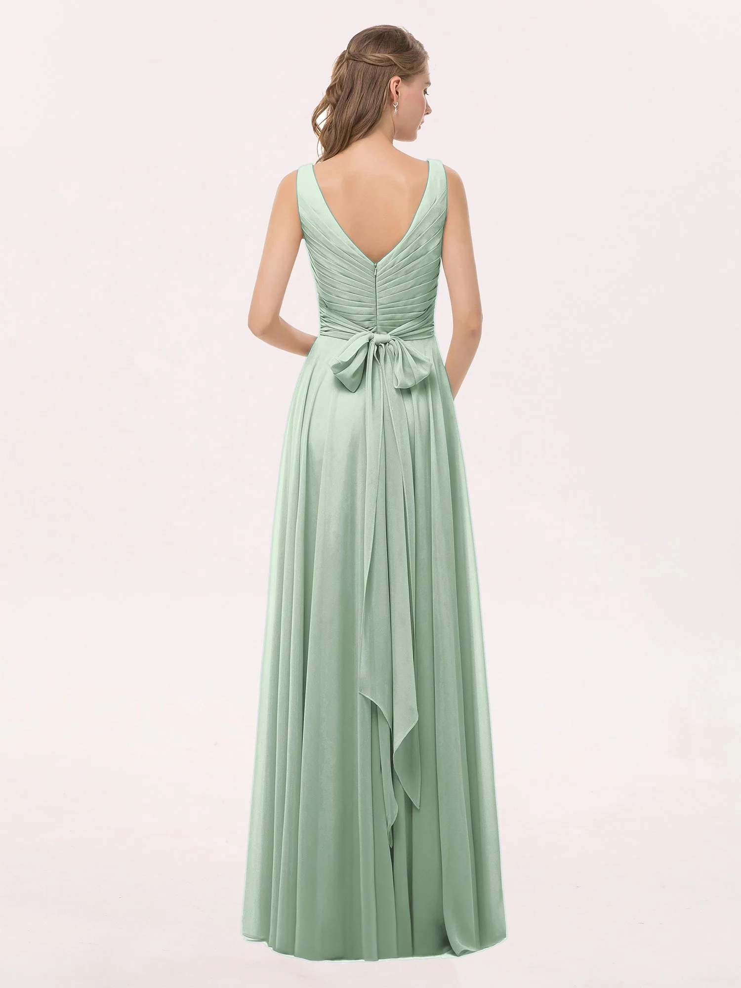 V-Ausschnitt lange Chiffon Kleid mit Bowknot Agavengrün - Image 2