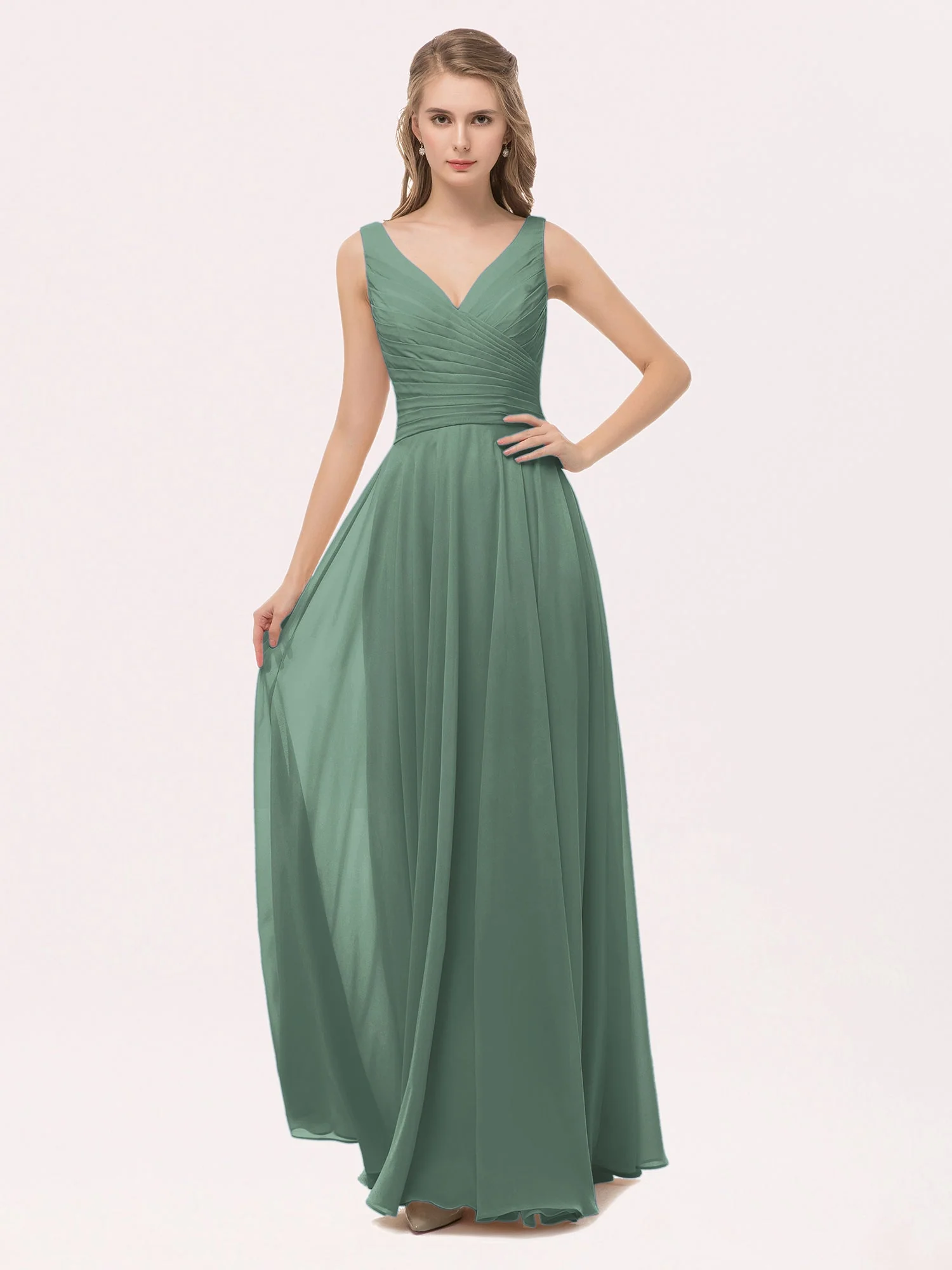 V-Ausschnitt lange Chiffon Kleid mit Bowknot Eukalyptus