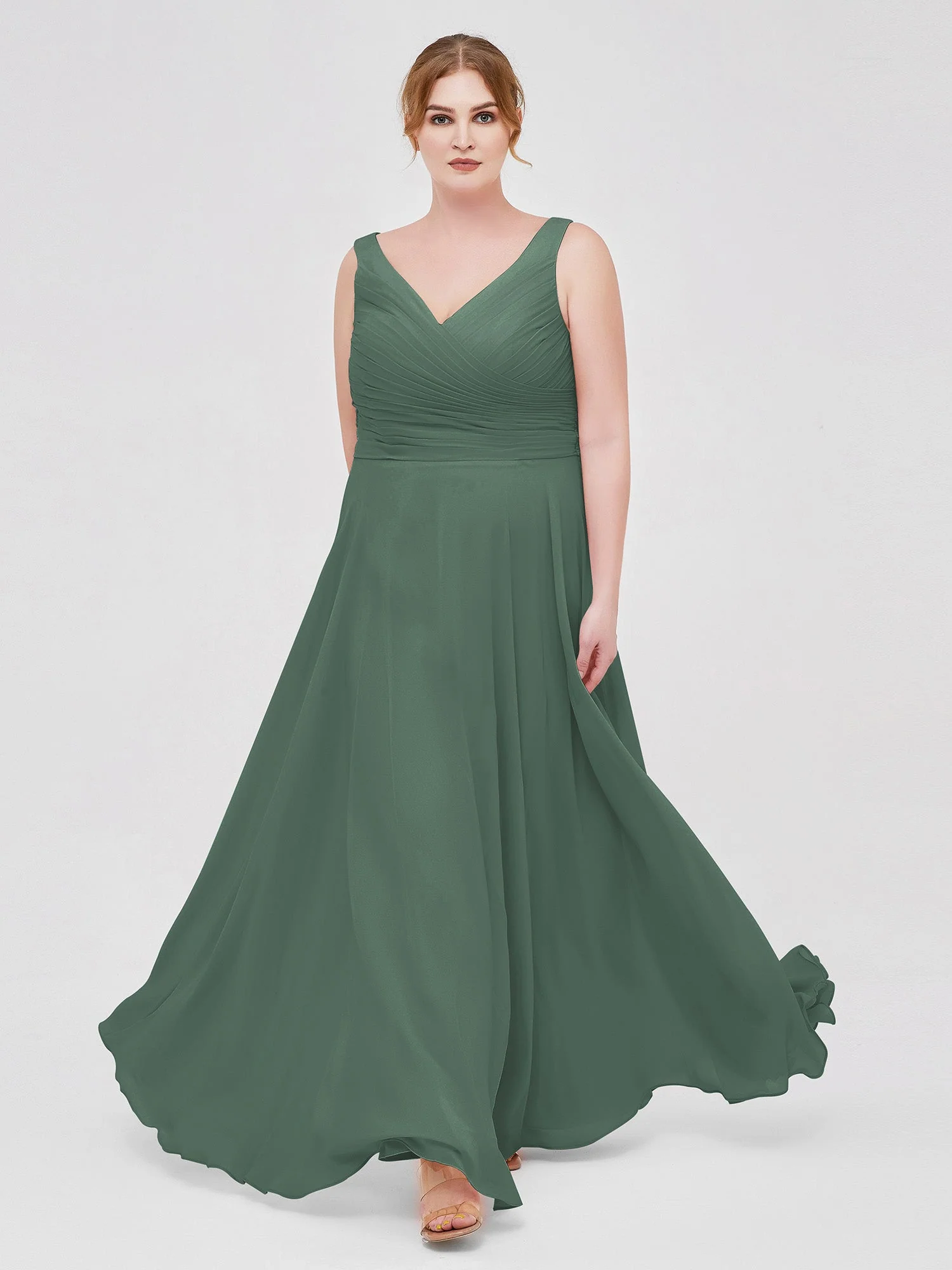 V-Ausschnitt lange Chiffon Kleid mit Bowknot Eukalyptus - Image 3