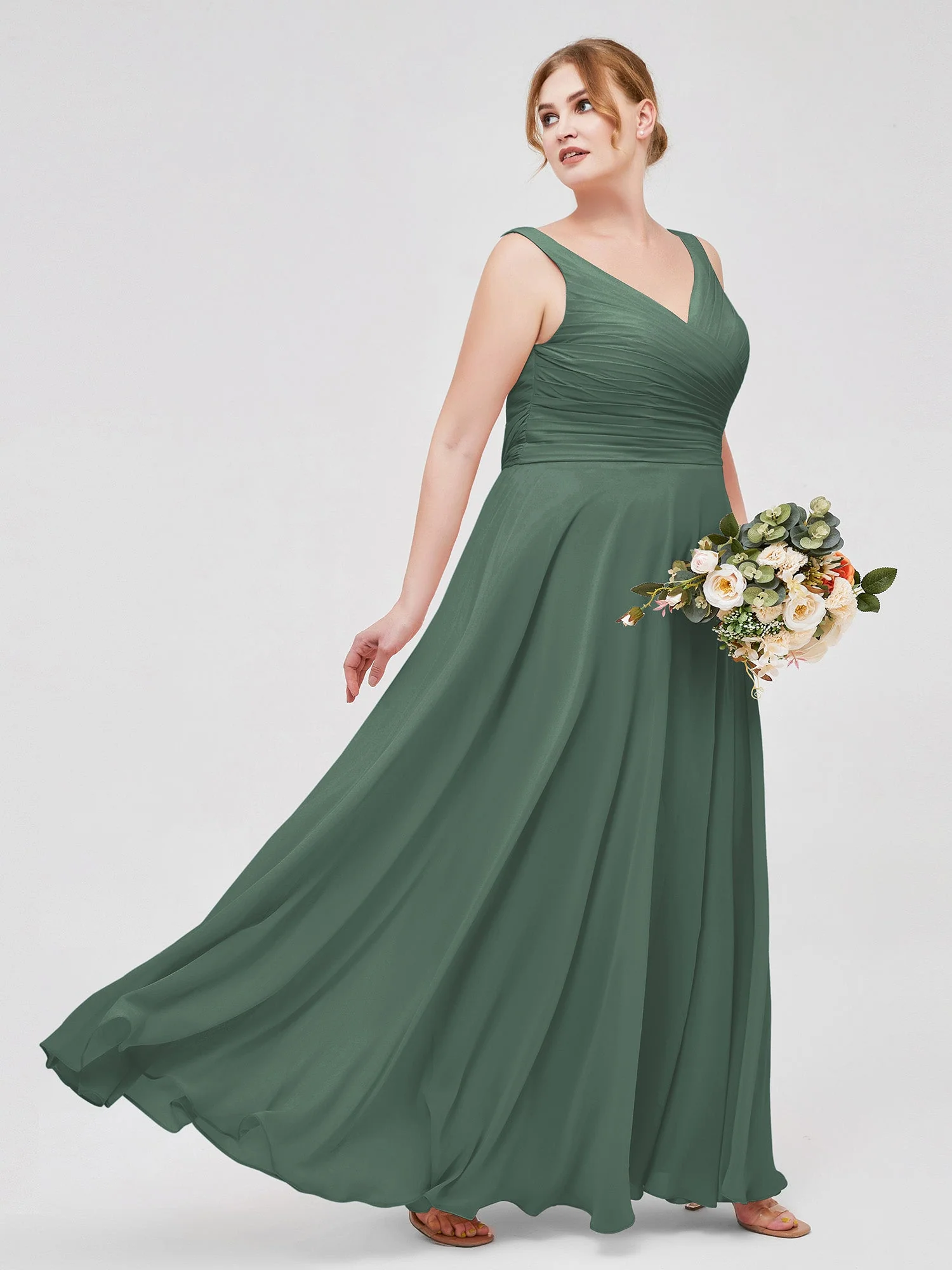 V-Ausschnitt lange Chiffon Kleid mit Bowknot Eukalyptus - Image 4