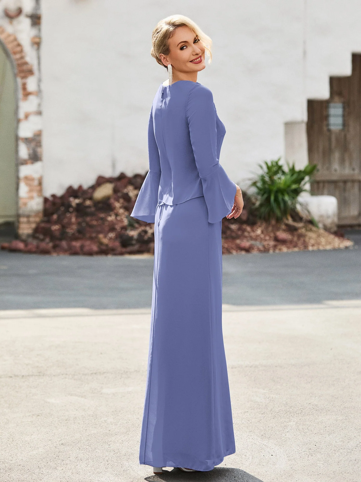 V-Ausschnitt Perlen Bodenlang Etui Kleid Periwinkleblau - Image 2