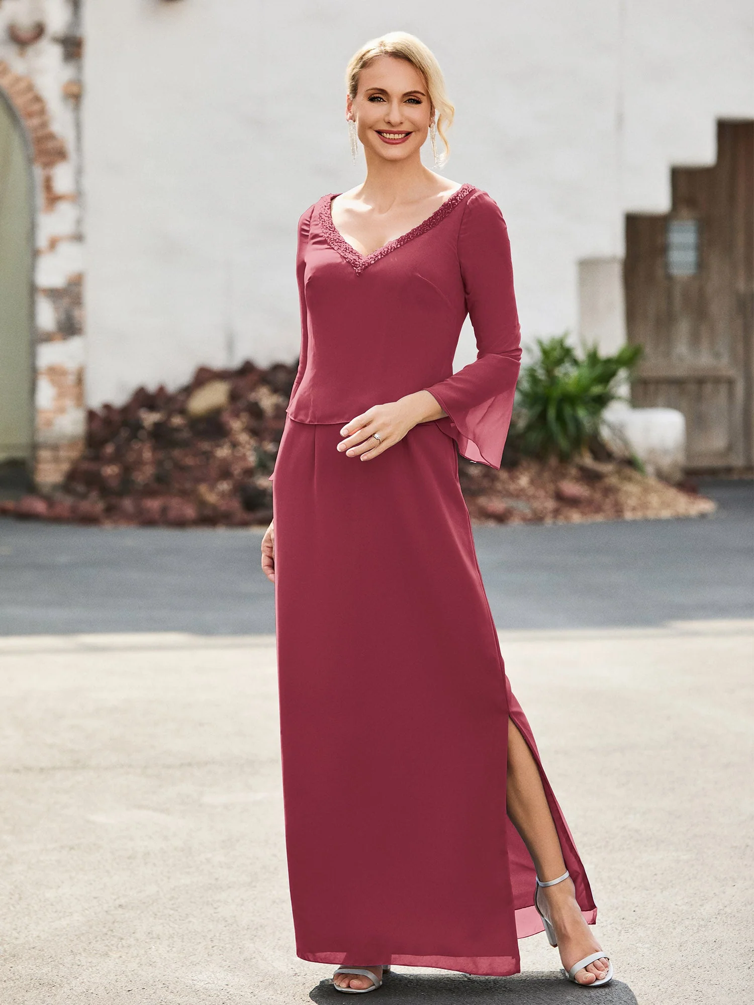 V-Ausschnitt Perlen Bodenlang Etui Kleid Zimtrose