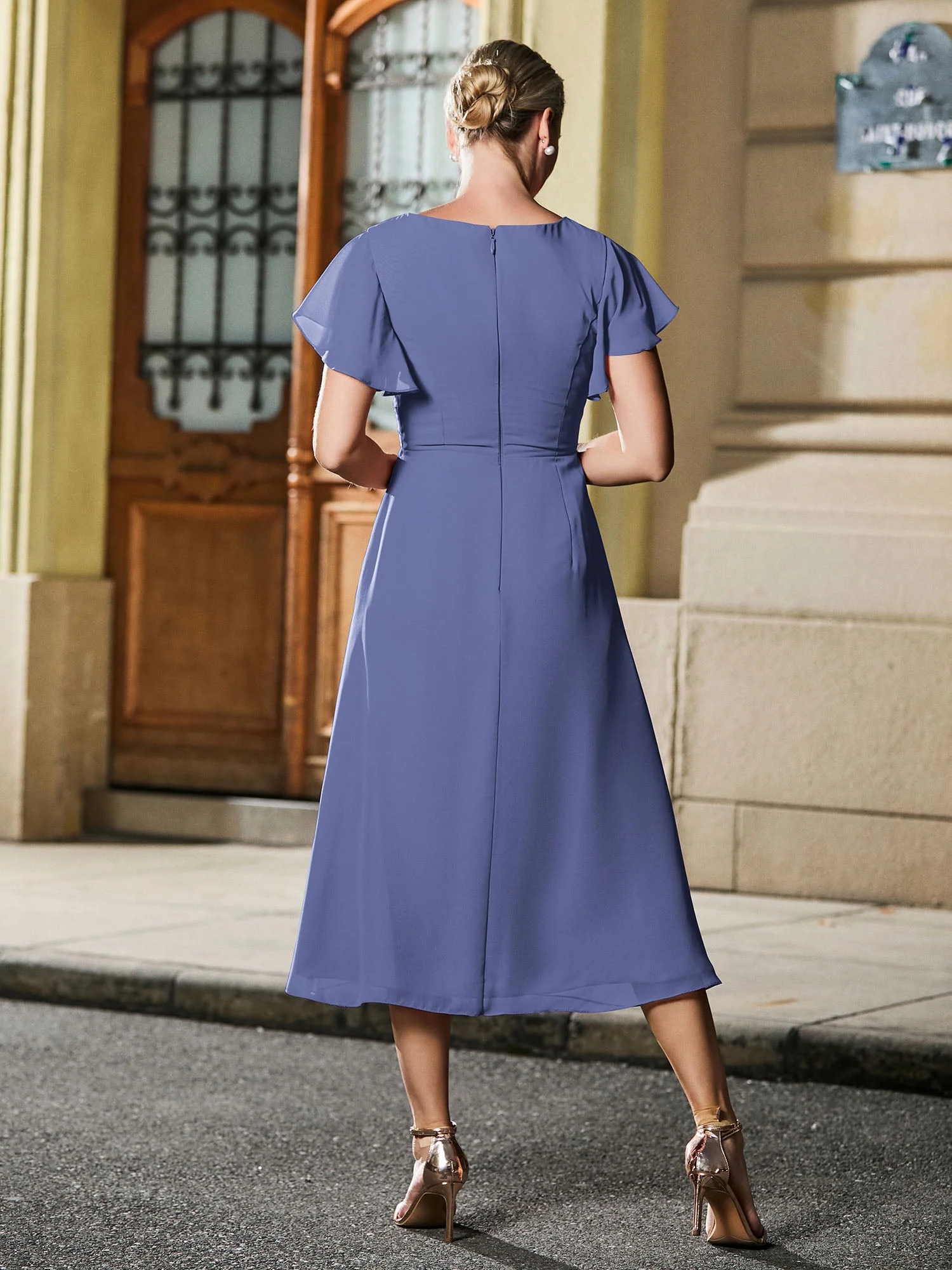 V-Ausschnitt Plissee A-Linie Chiffon Kleid Periwinkleblau - Image 2