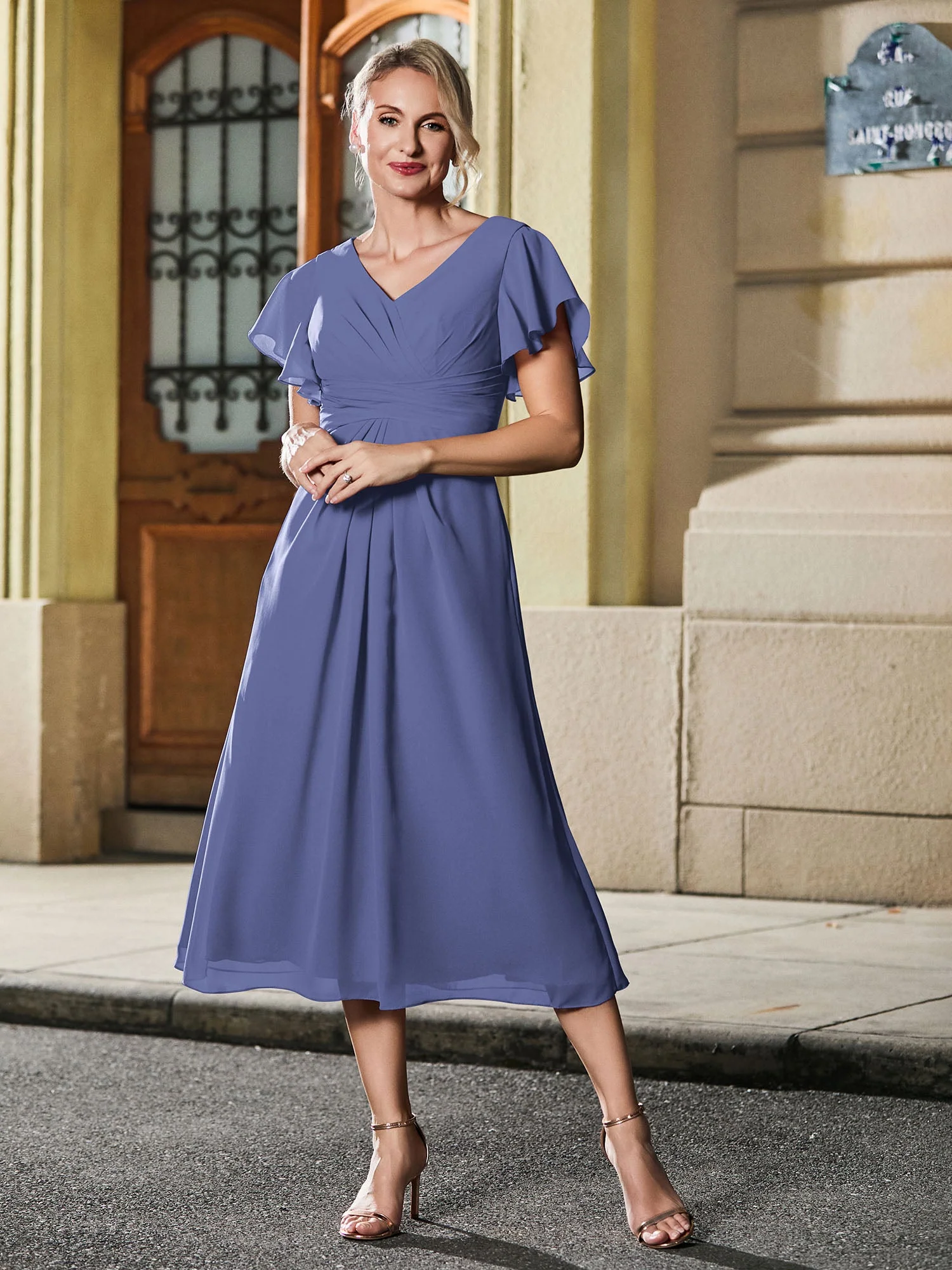 V-Ausschnitt Plissee A-Linie Chiffon Kleid Periwinkleblau - Image 3