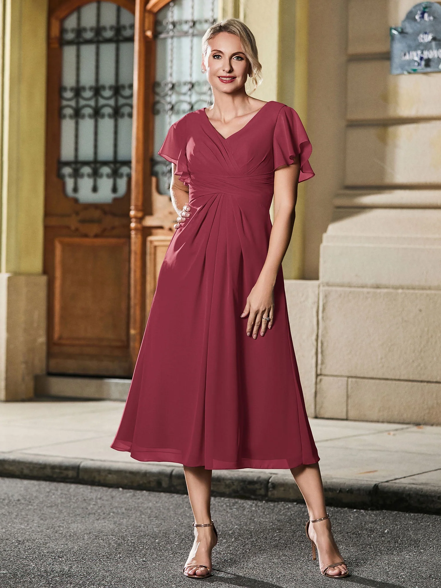 V-Ausschnitt Plissee A-Linie Chiffon Kleid Zimtrose