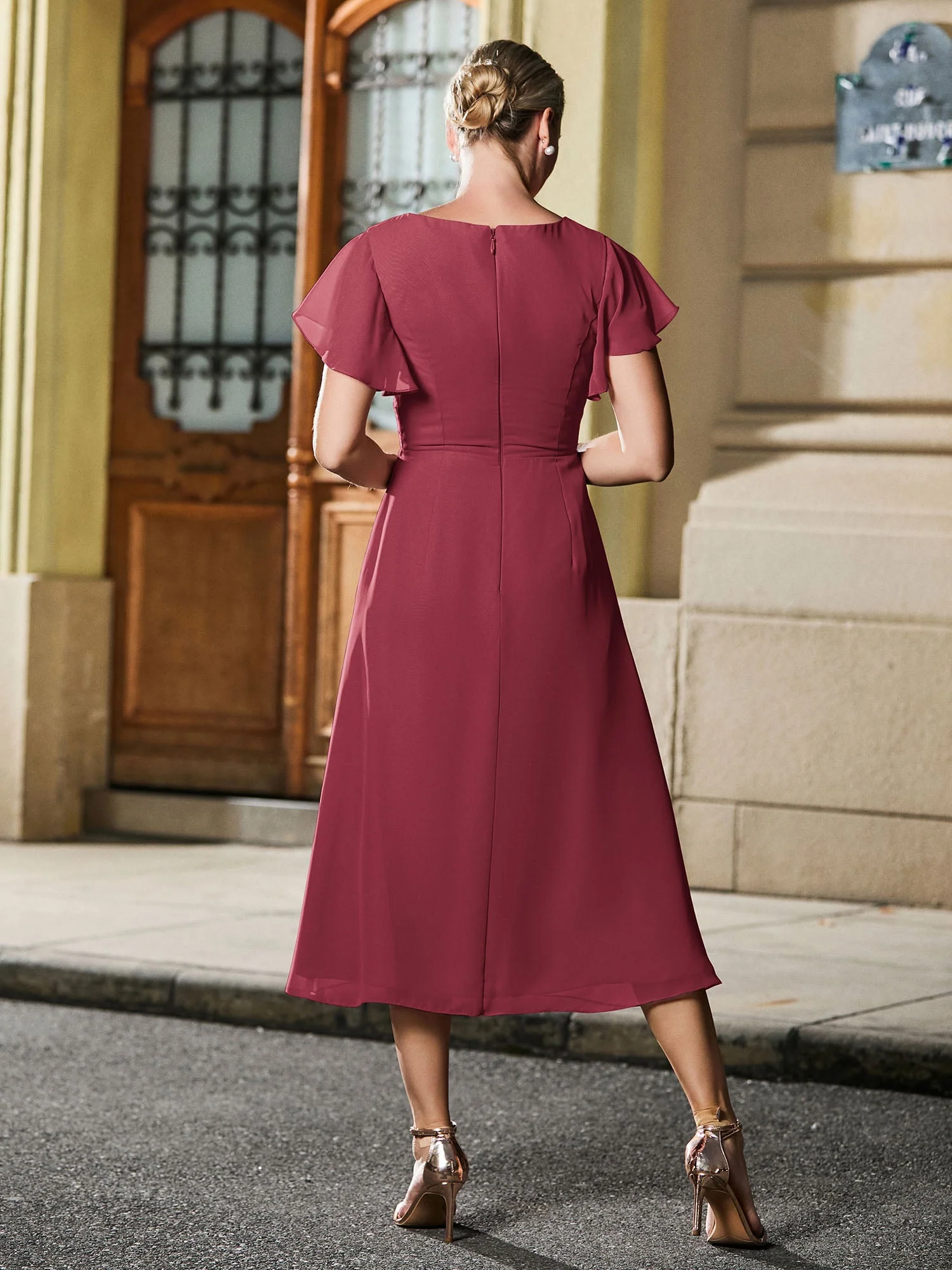 V-Ausschnitt Plissee A-Linie Chiffon Kleid Zimtrose - Image 2