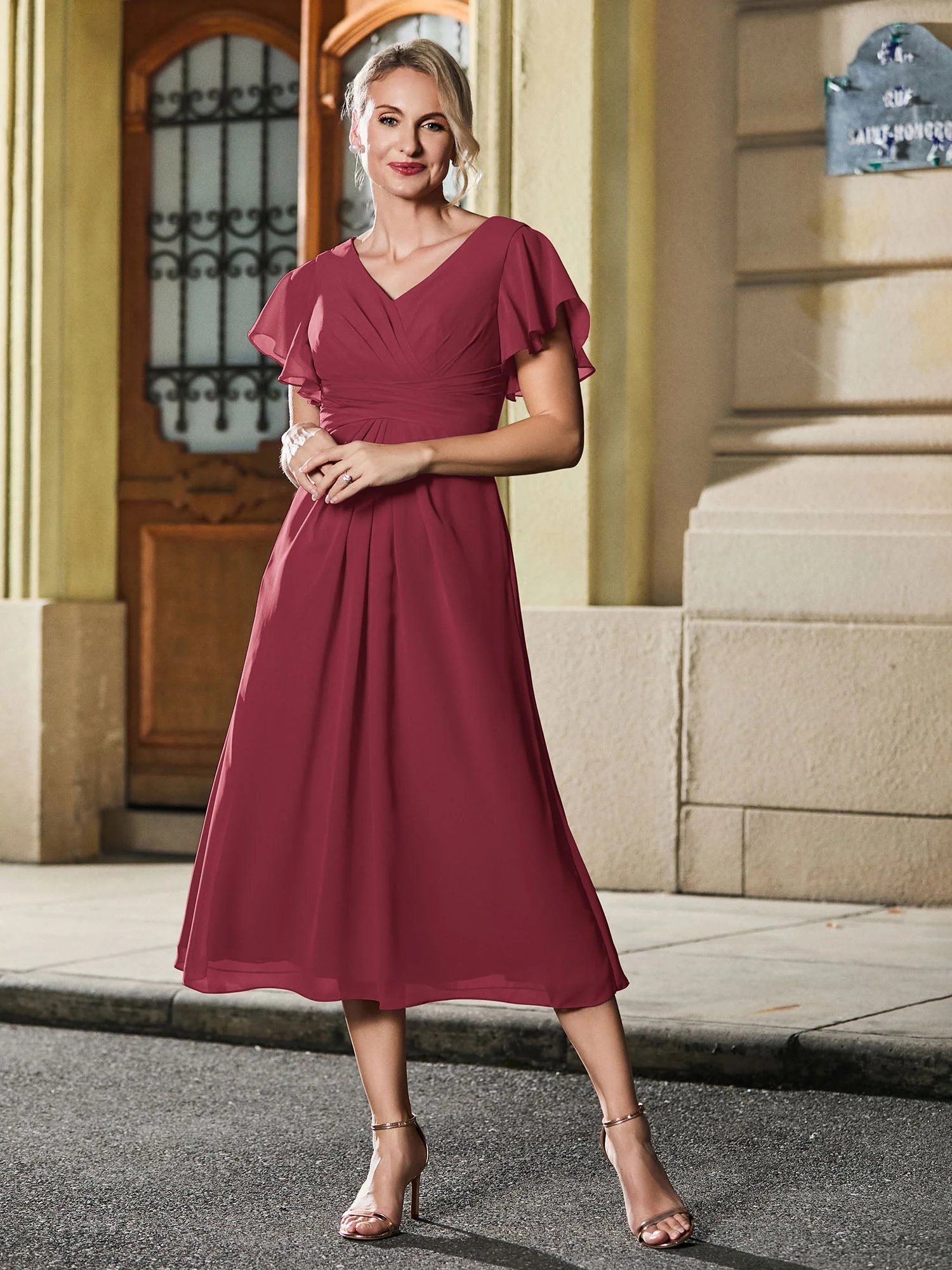 V-Ausschnitt Plissee A-Linie Chiffon Kleid Zimtrose - Image 3