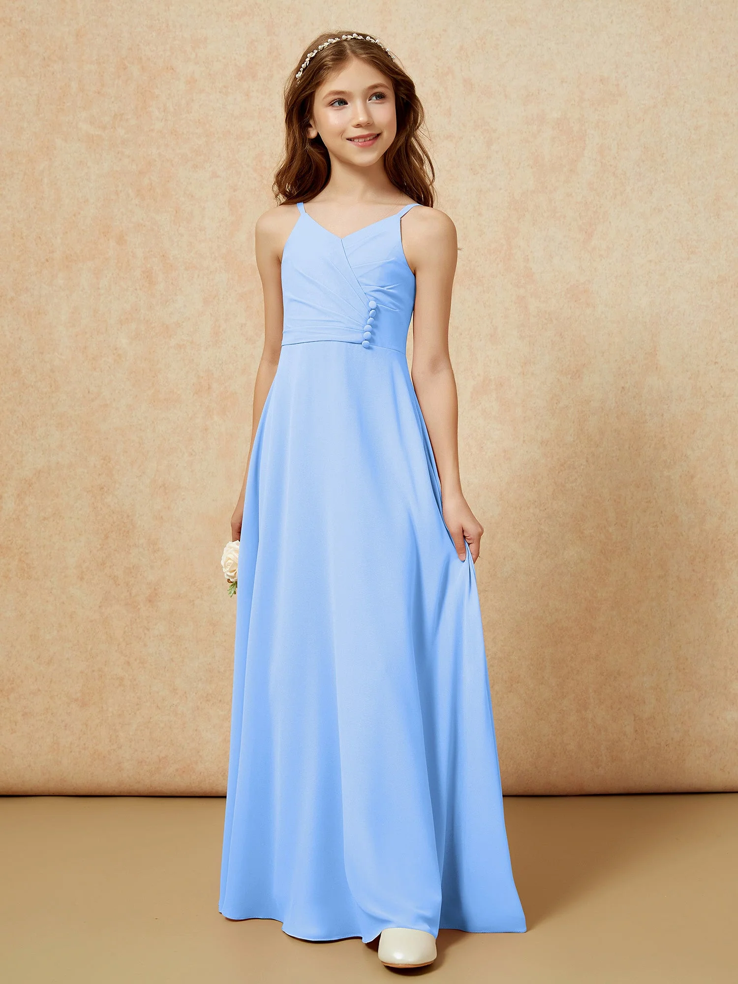 V-Ausschnitt Plissee Chiffon Lang Junge Brautjungfernkleider Blau - Image 5