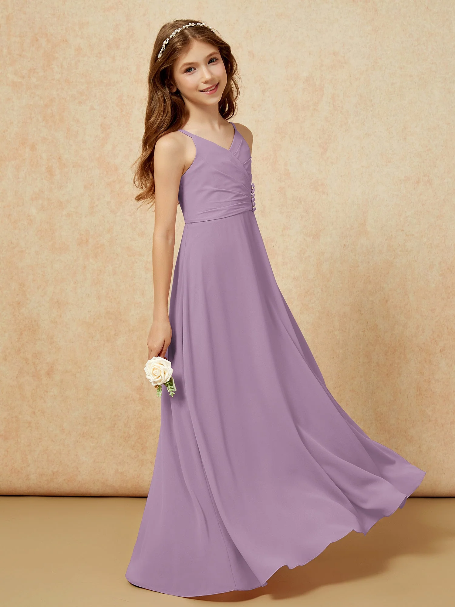 V-Ausschnitt Plissee Chiffon Lang Junge Brautjungfernkleider Blauregen - Image 3