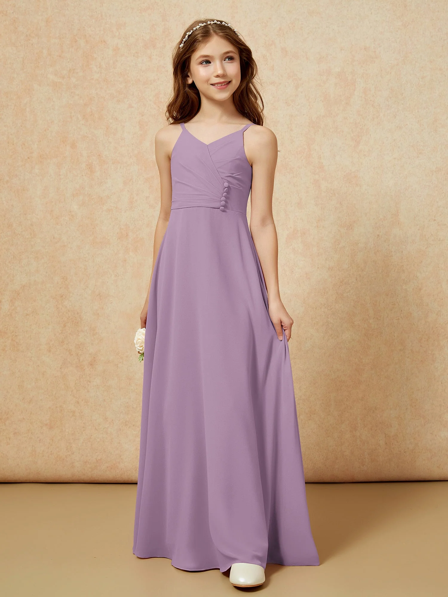 V-Ausschnitt Plissee Chiffon Lang Junge Brautjungfernkleider Blauregen - Image 5