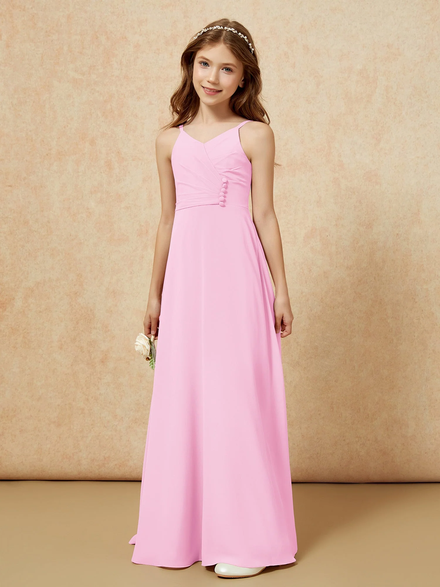 V-Ausschnitt Plissee Chiffon Lang Junge Brautjungfernkleider Bonbonrosa