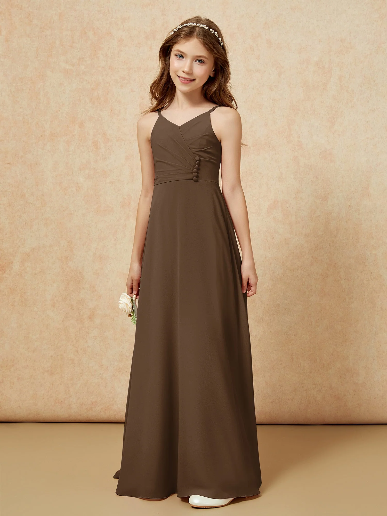 V-Ausschnitt Plissee Chiffon Lang Junge Brautjungfernkleider Braun