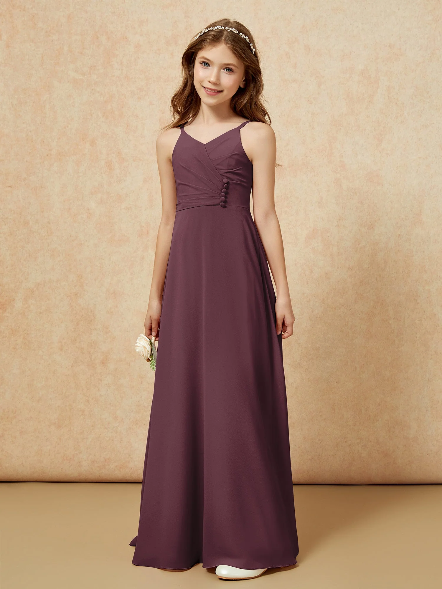 V-Ausschnitt Plissee Chiffon Lang Junge Brautjungfernkleider Cabernet