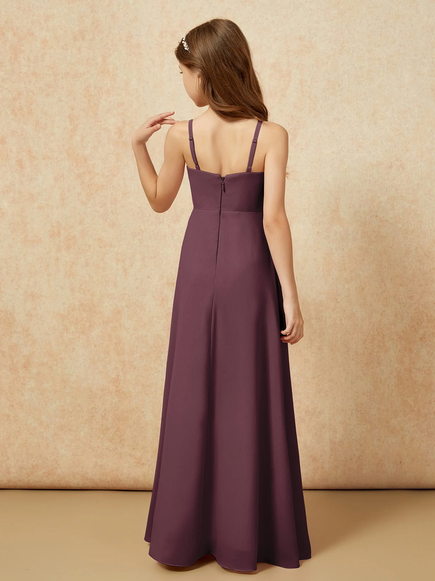 V-Ausschnitt Plissee Chiffon Lang Junge Brautjungfernkleider Cabernet - Image 2