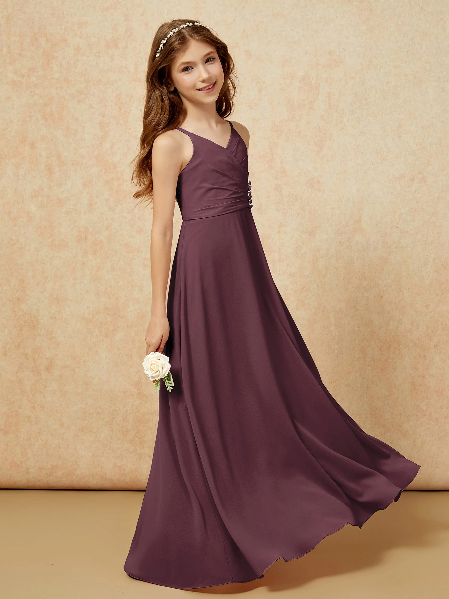 V-Ausschnitt Plissee Chiffon Lang Junge Brautjungfernkleider Cabernet - Image 3