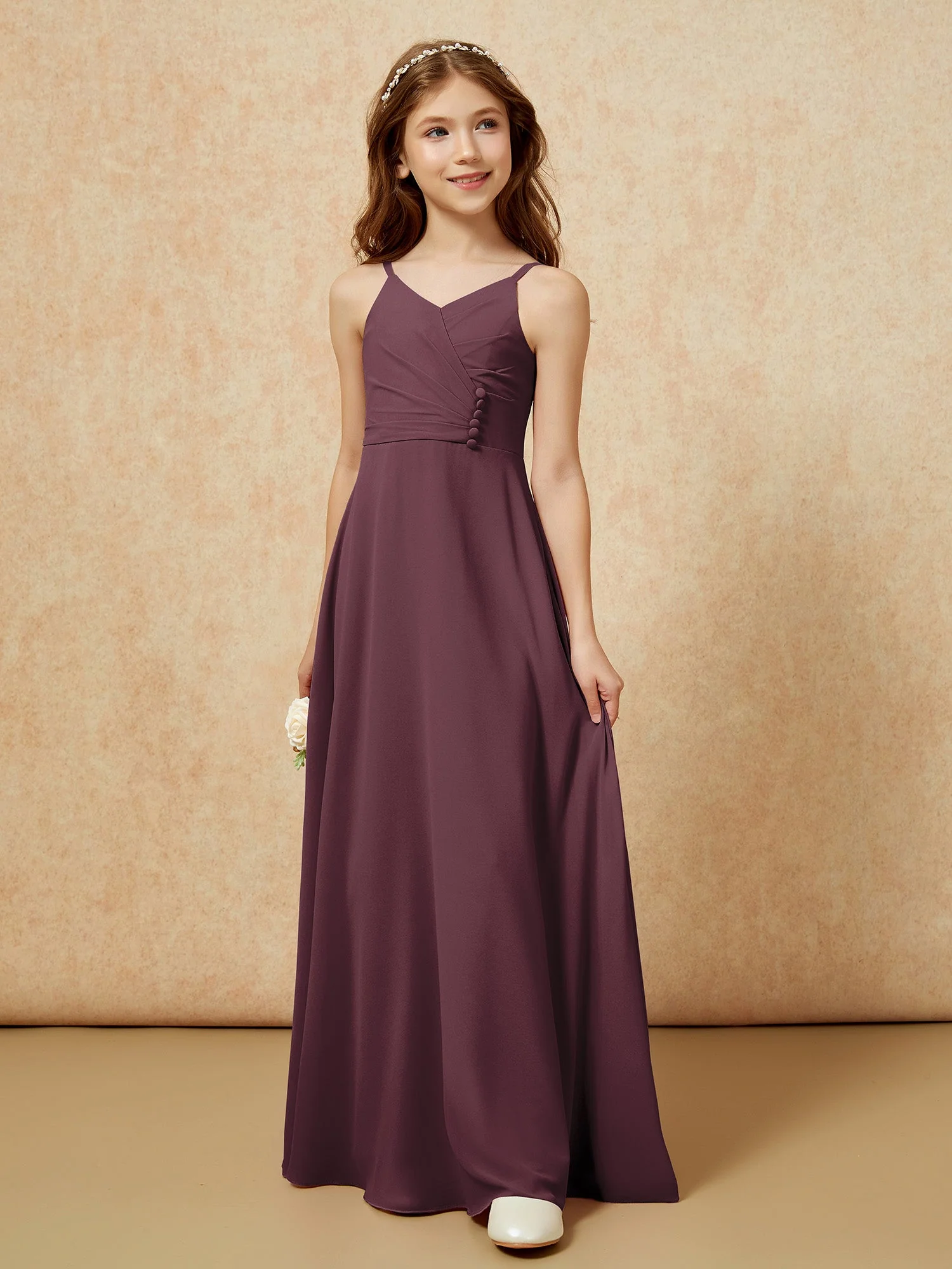 V-Ausschnitt Plissee Chiffon Lang Junge Brautjungfernkleider Cabernet - Image 5