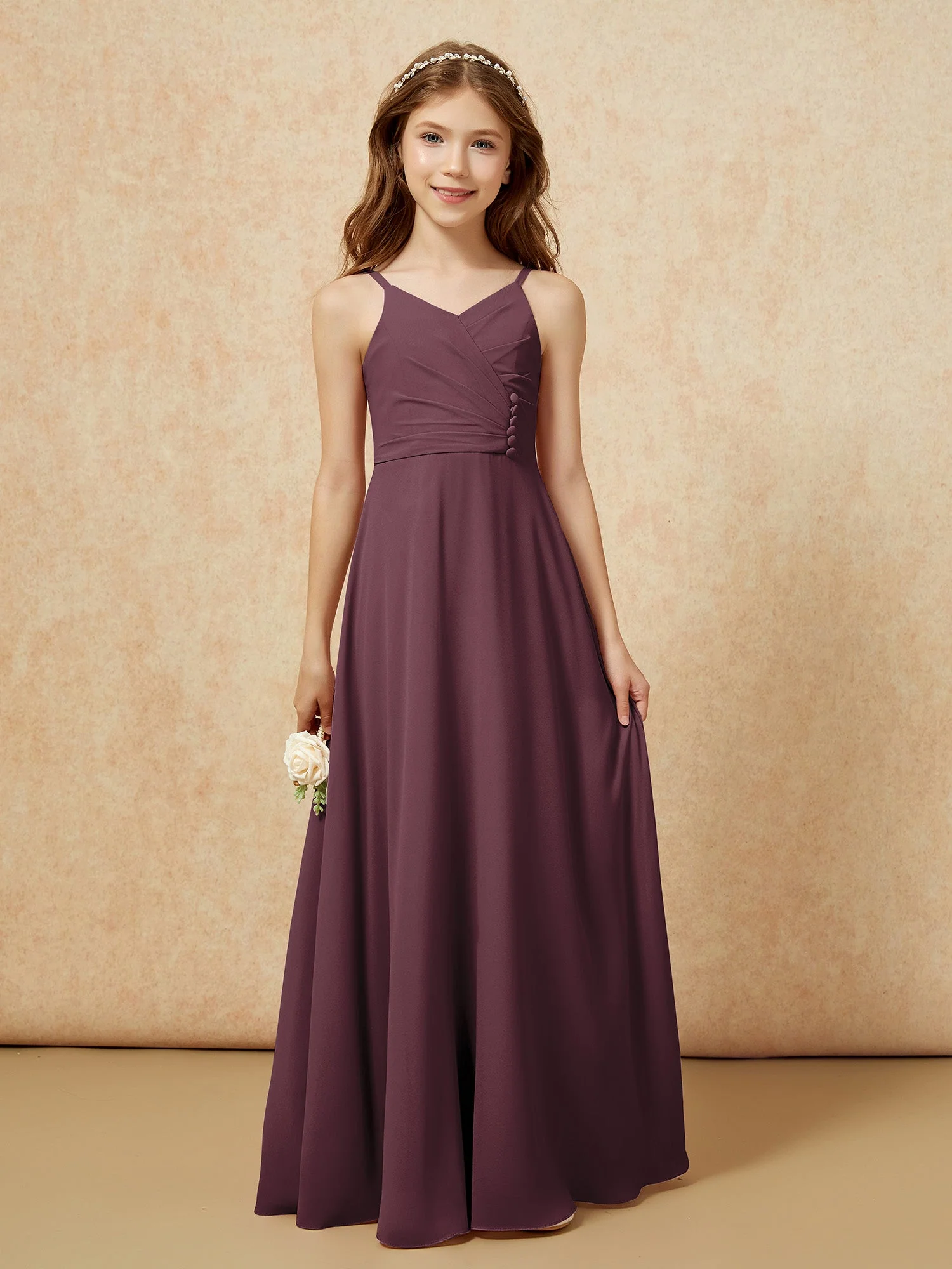 V-Ausschnitt Plissee Chiffon Lang Junge Brautjungfernkleider Cabernet - Image 6