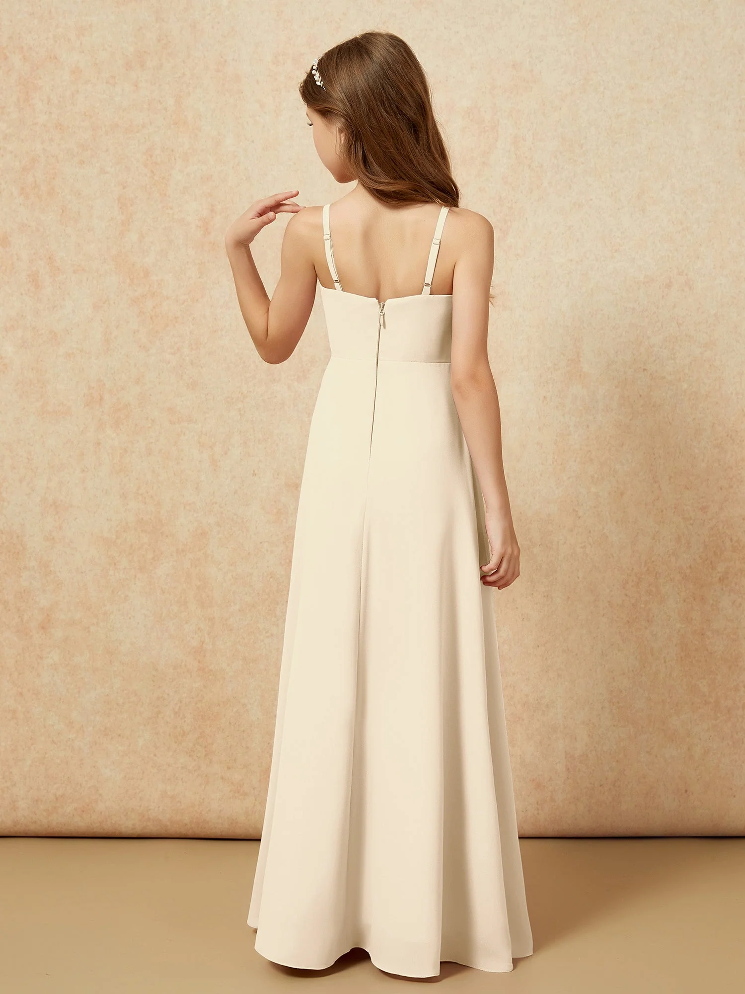 V-Ausschnitt Plissee Chiffon Lang Junge Brautjungfernkleider Champagner - Image 2