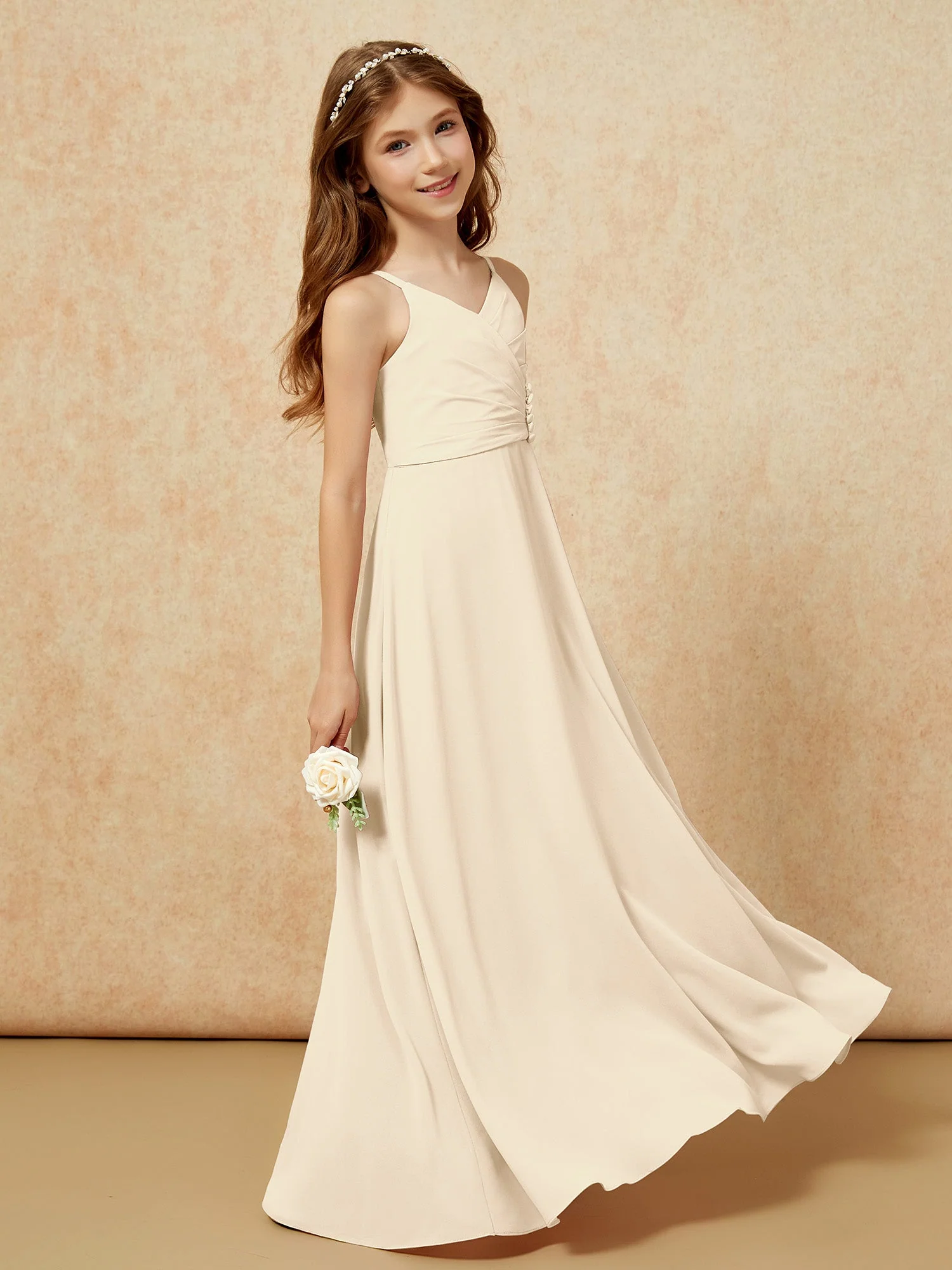 V-Ausschnitt Plissee Chiffon Lang Junge Brautjungfernkleider Champagner - Image 3