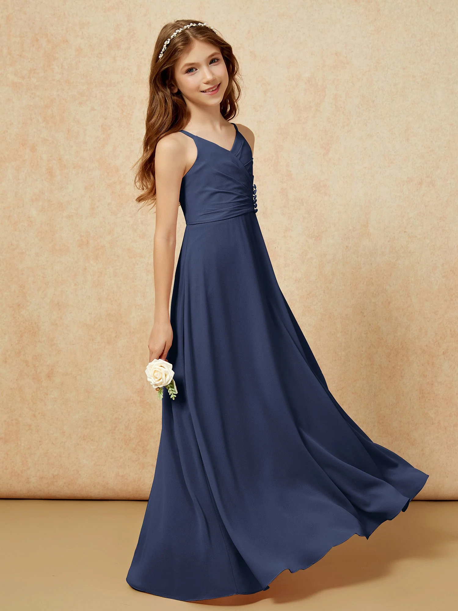 V-Ausschnitt Plissee Chiffon Lang Junge Brautjungfernkleider Dunkelmarine - Image 3