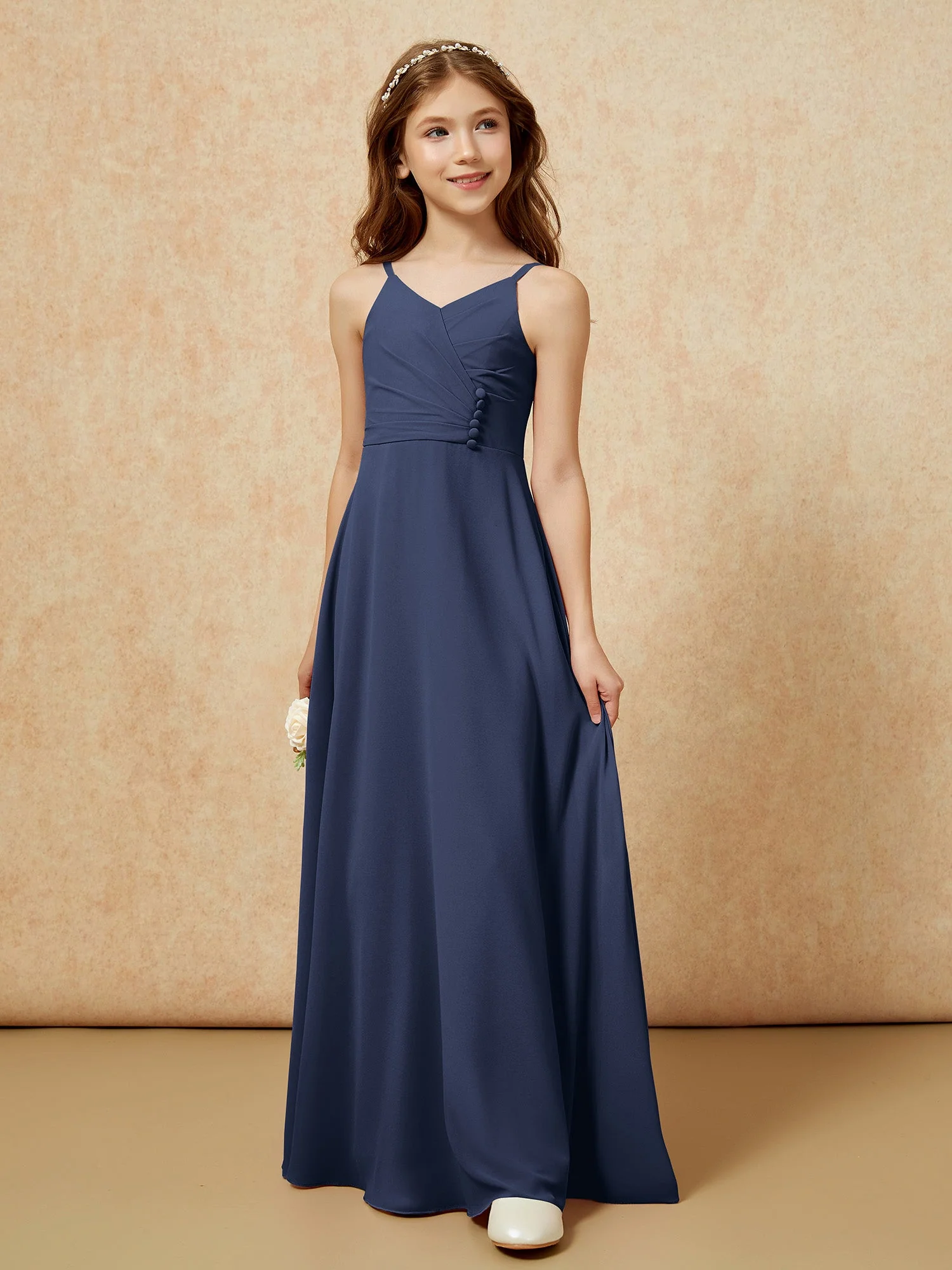 V-Ausschnitt Plissee Chiffon Lang Junge Brautjungfernkleider Dunkelmarine - Image 5