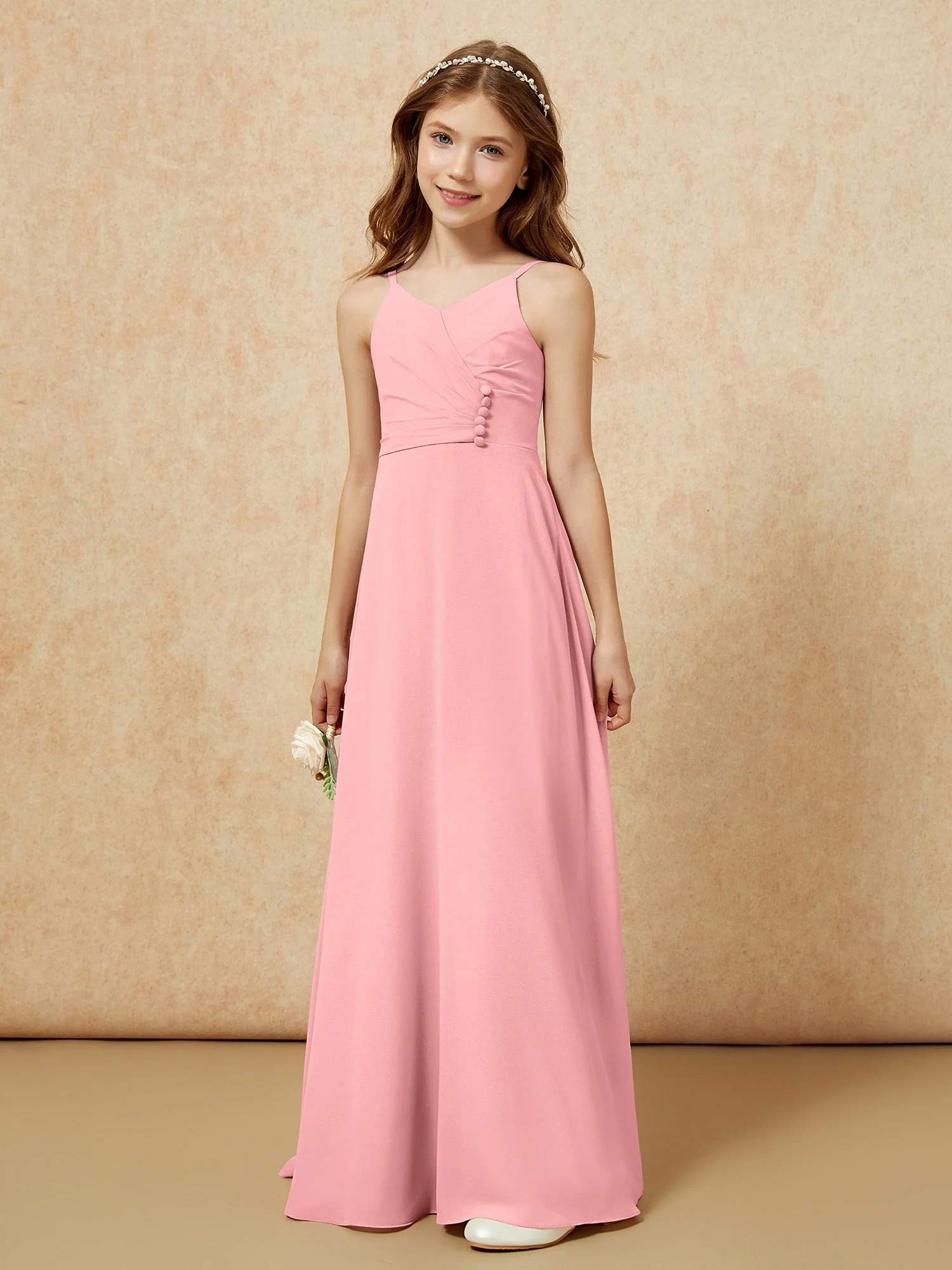 V-Ausschnitt Plissee Chiffon Lang Junge Brautjungfernkleider Flamingo