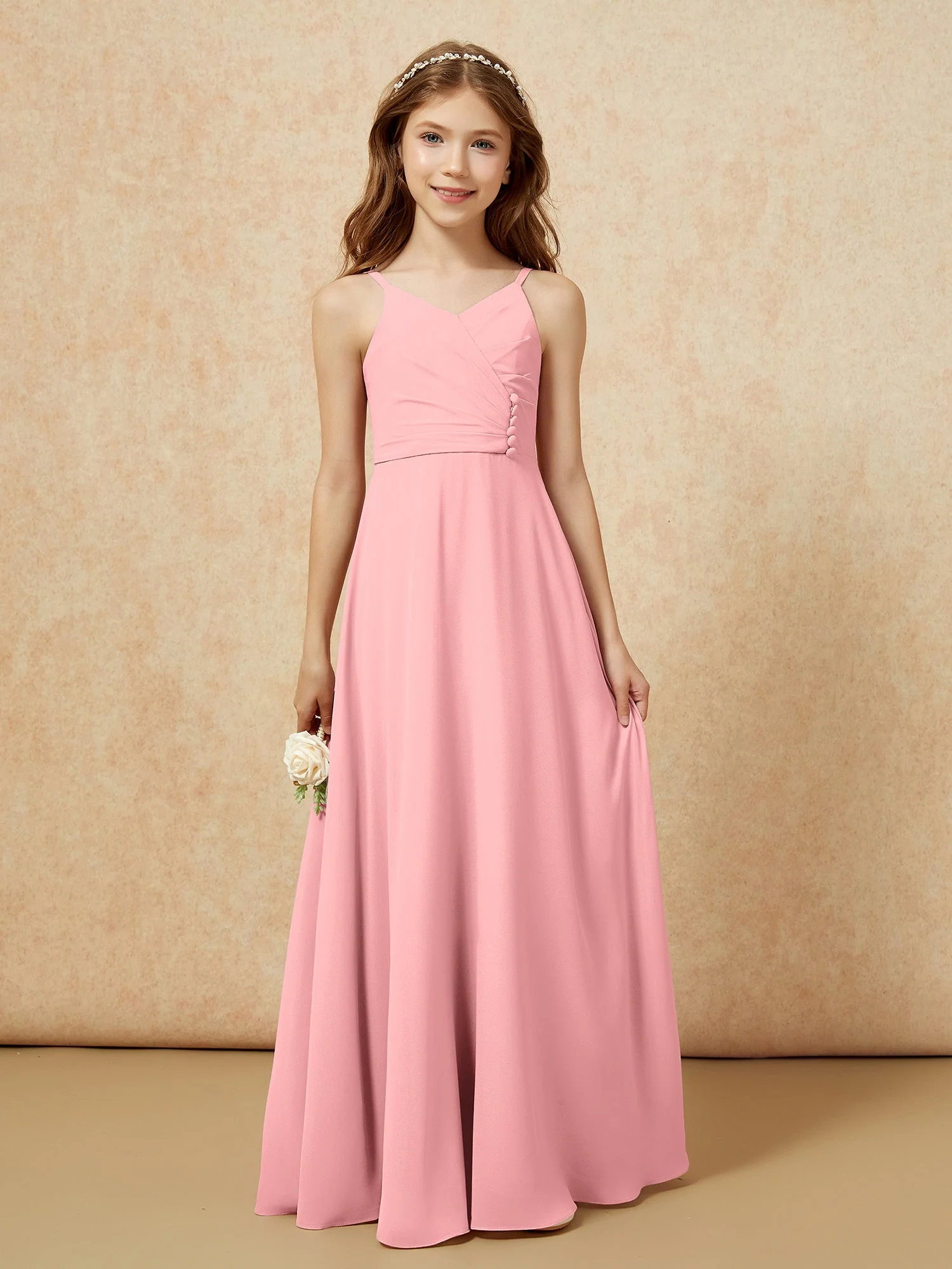 V-Ausschnitt Plissee Chiffon Lang Junge Brautjungfernkleider Flamingo - Image 6