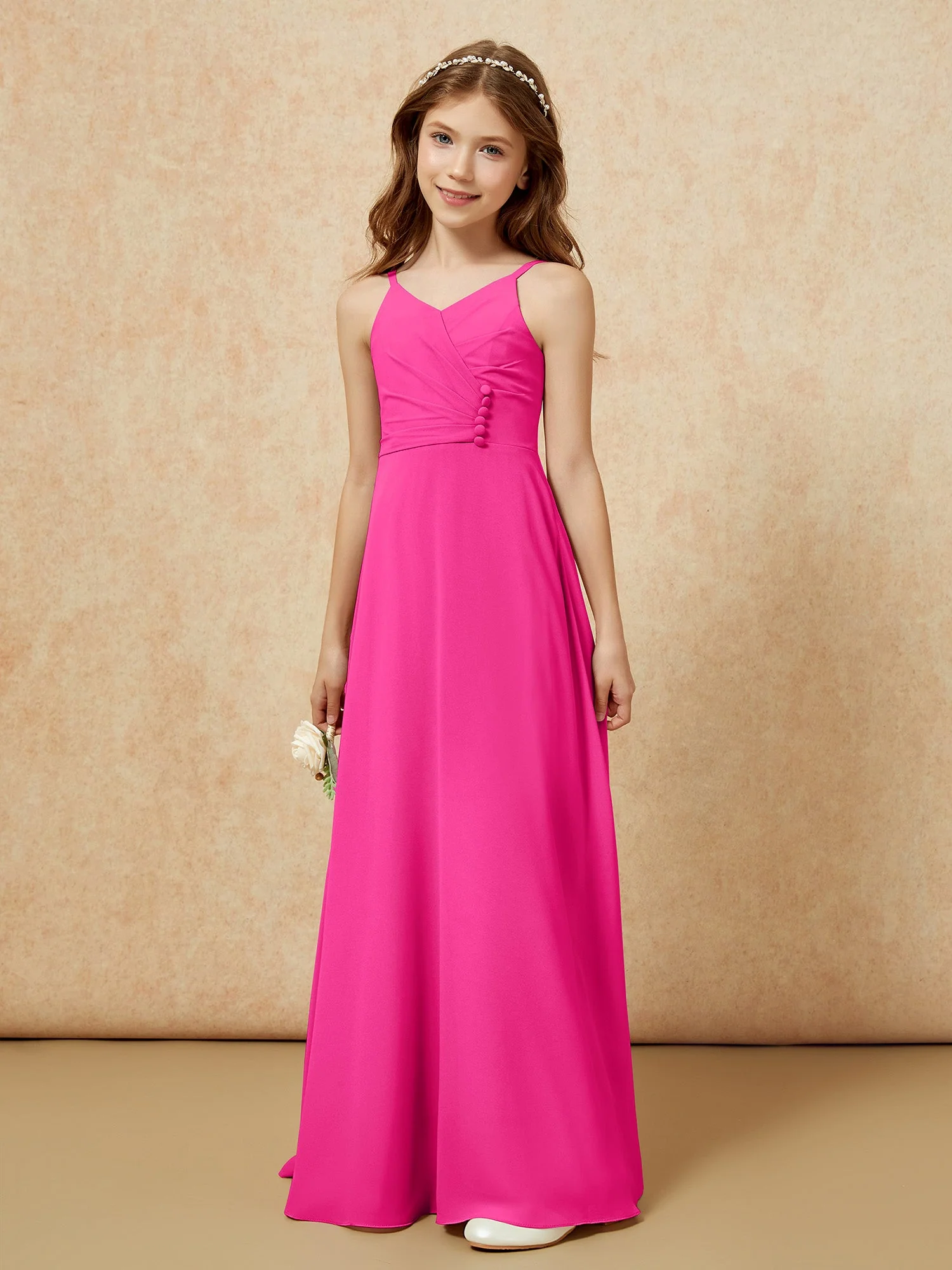 V-Ausschnitt Plissee Chiffon Lang Junge Brautjungfernkleider Fuchsia