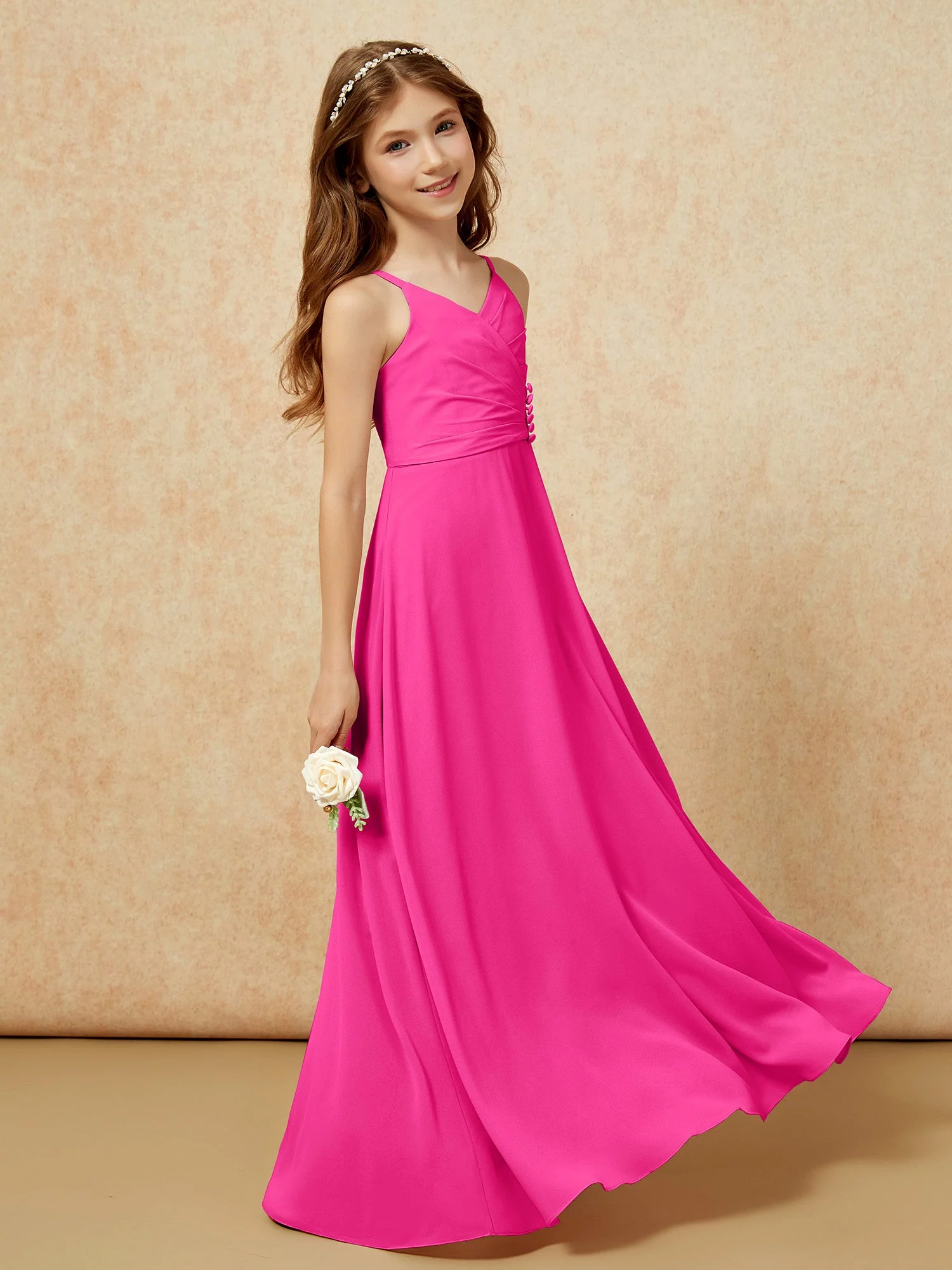 V-Ausschnitt Plissee Chiffon Lang Junge Brautjungfernkleider Fuchsia - Image 3