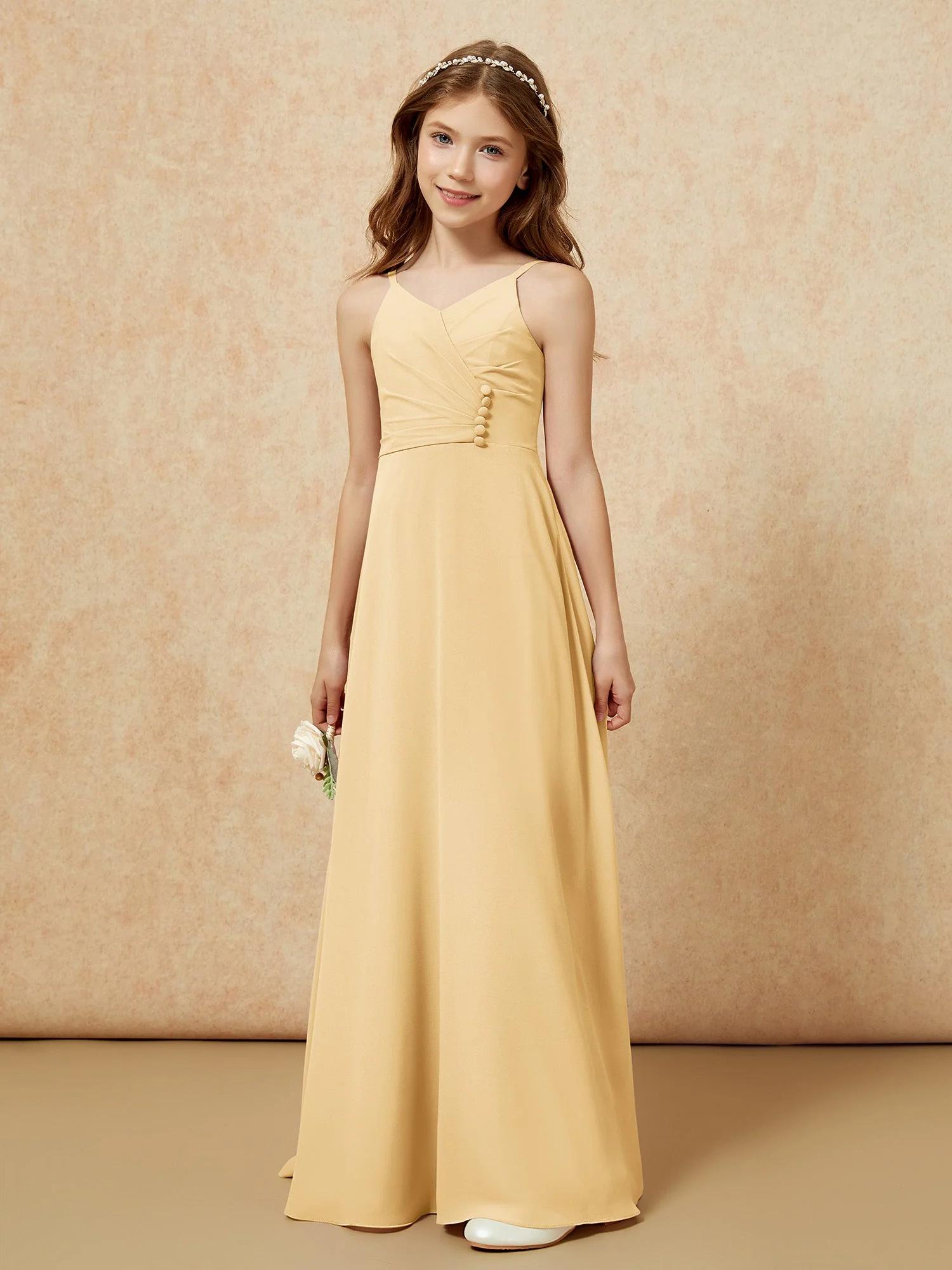 V-Ausschnitt Plissee Chiffon Lang Junge Brautjungfernkleider Gold