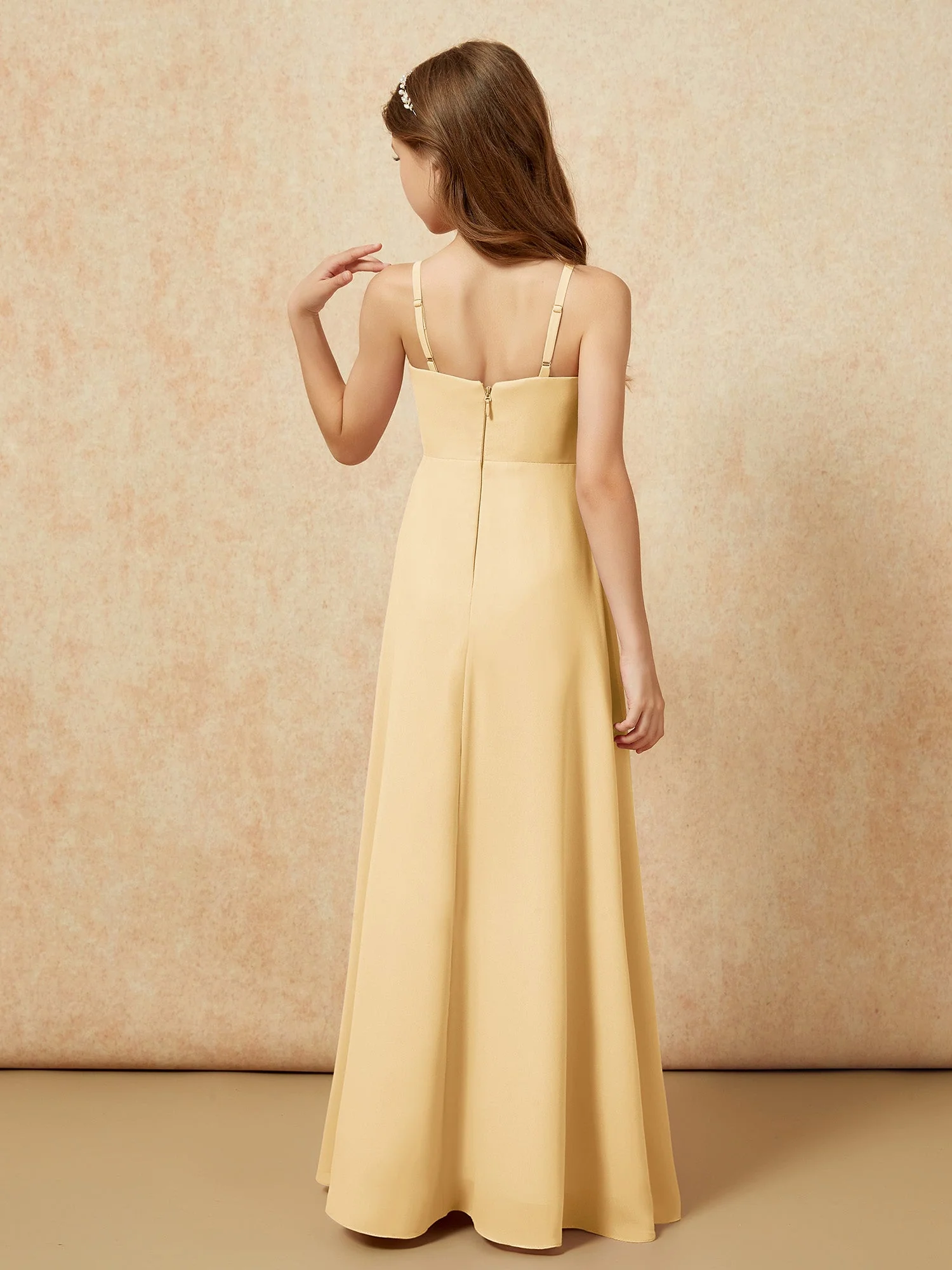 V-Ausschnitt Plissee Chiffon Lang Junge Brautjungfernkleider Gold - Image 2