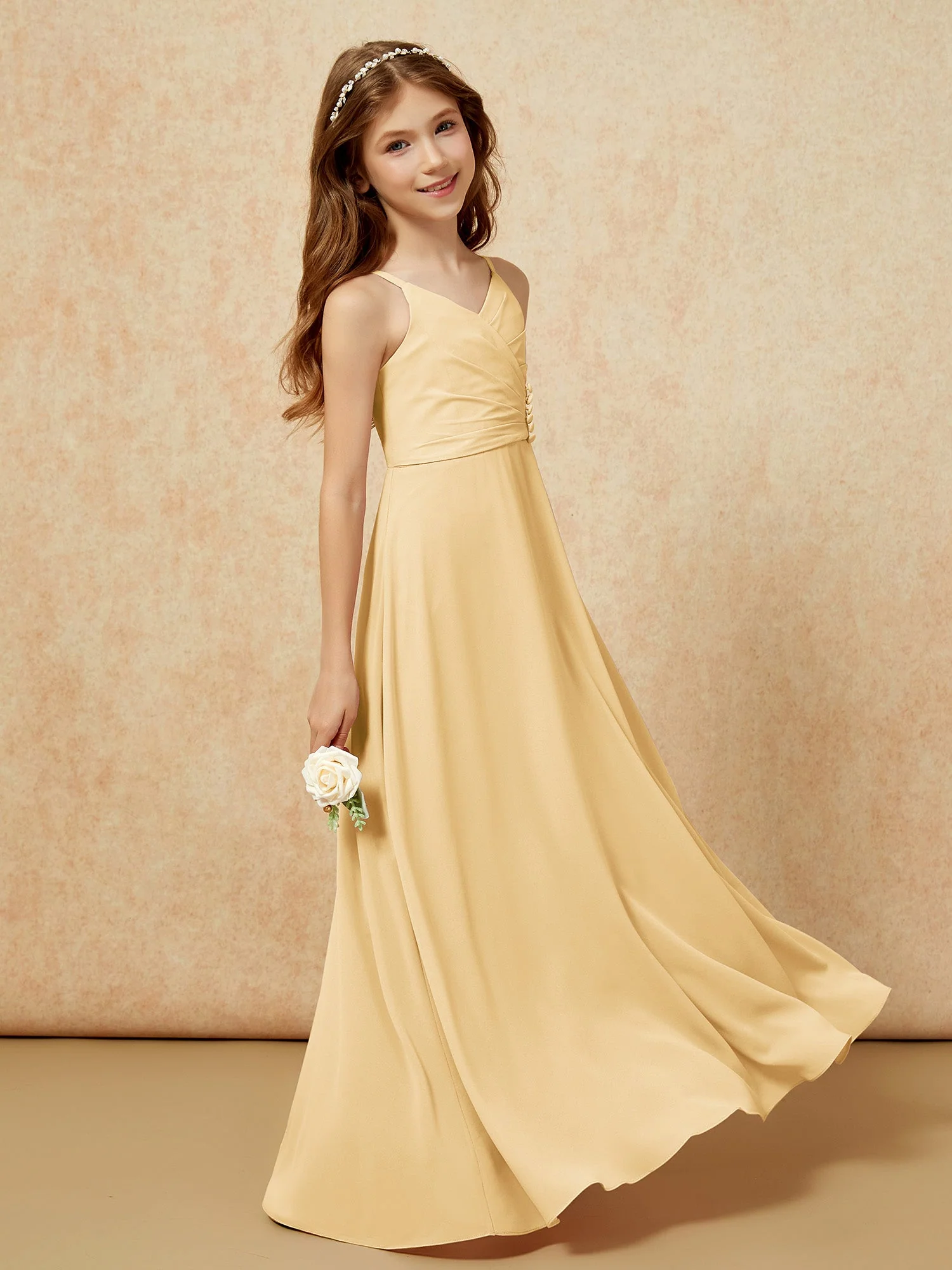 V-Ausschnitt Plissee Chiffon Lang Junge Brautjungfernkleider Gold - Image 3