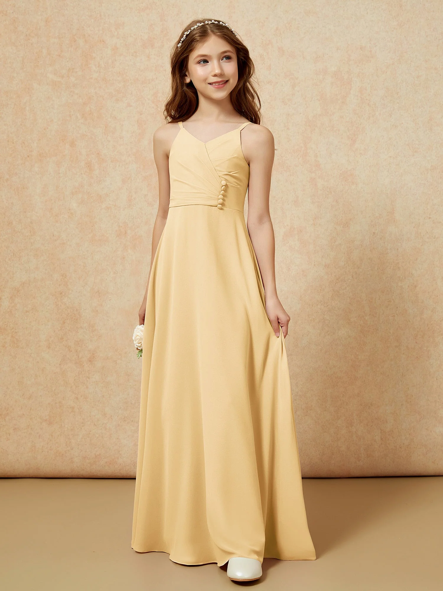 V-Ausschnitt Plissee Chiffon Lang Junge Brautjungfernkleider Gold - Image 5