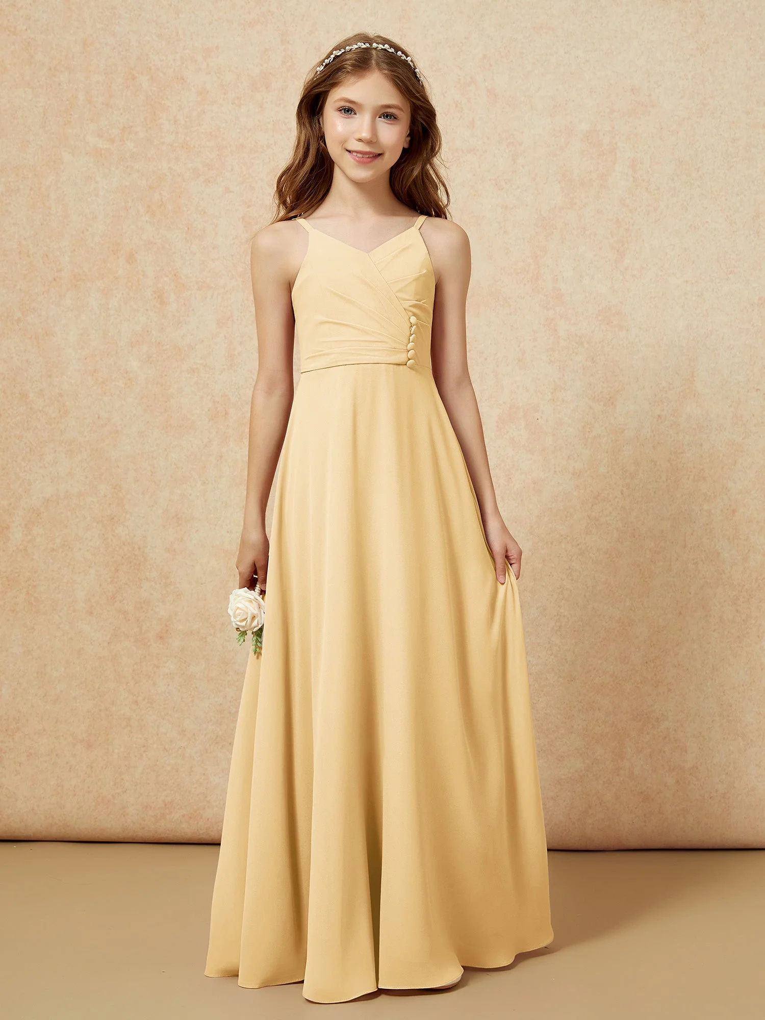 V-Ausschnitt Plissee Chiffon Lang Junge Brautjungfernkleider Gold - Image 6