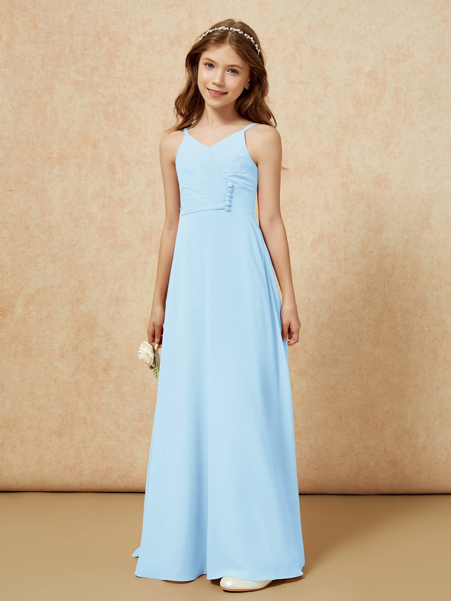 V-Ausschnitt Plissee Chiffon Lang Junge Brautjungfernkleider Himmelblau