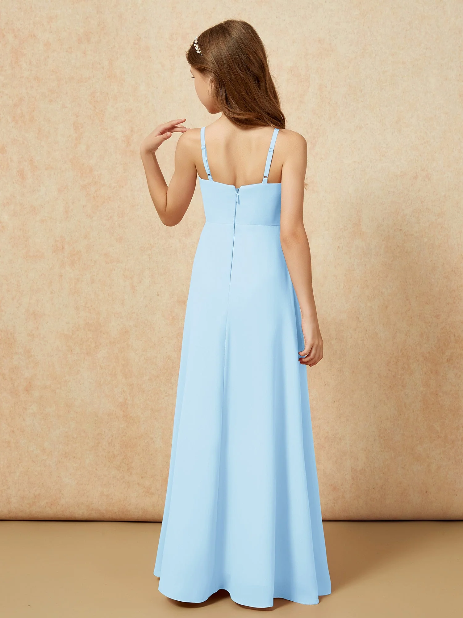 V-Ausschnitt Plissee Chiffon Lang Junge Brautjungfernkleider Himmelblau - Image 2