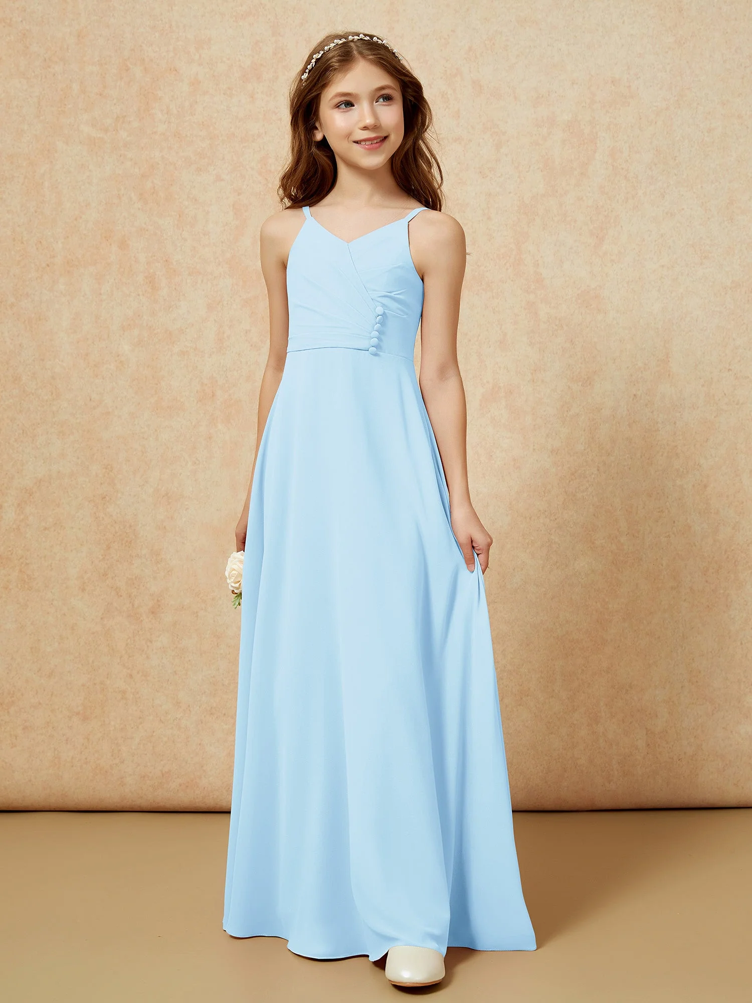 V-Ausschnitt Plissee Chiffon Lang Junge Brautjungfernkleider Himmelblau - Image 5