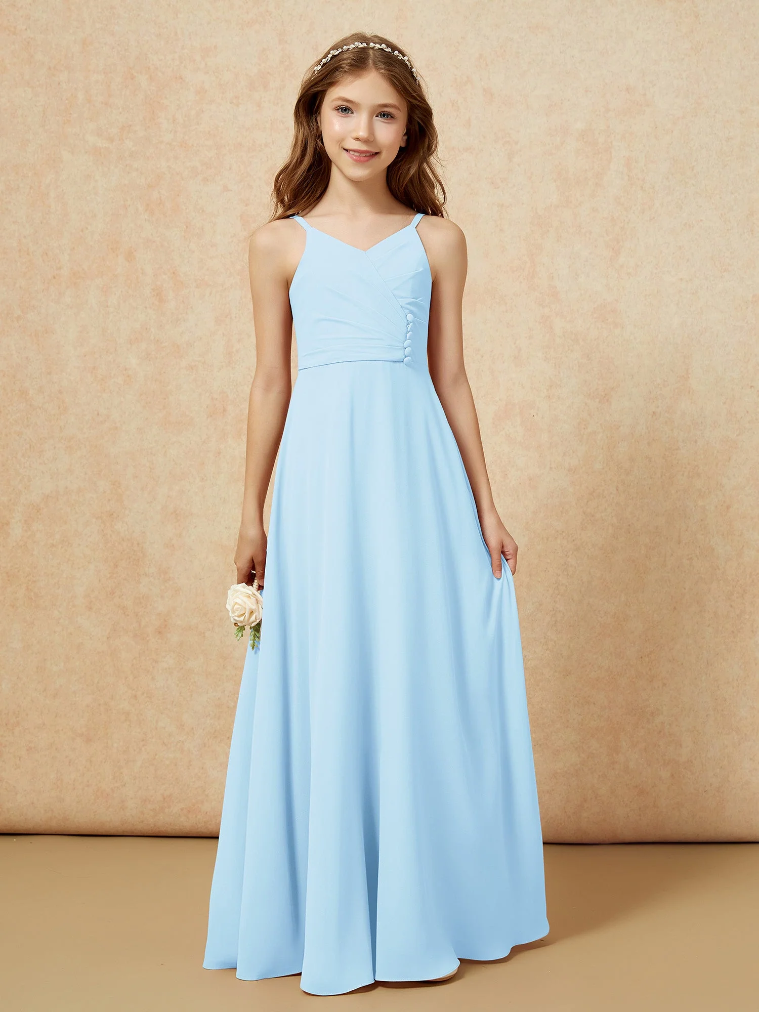 V-Ausschnitt Plissee Chiffon Lang Junge Brautjungfernkleider Himmelblau - Image 6