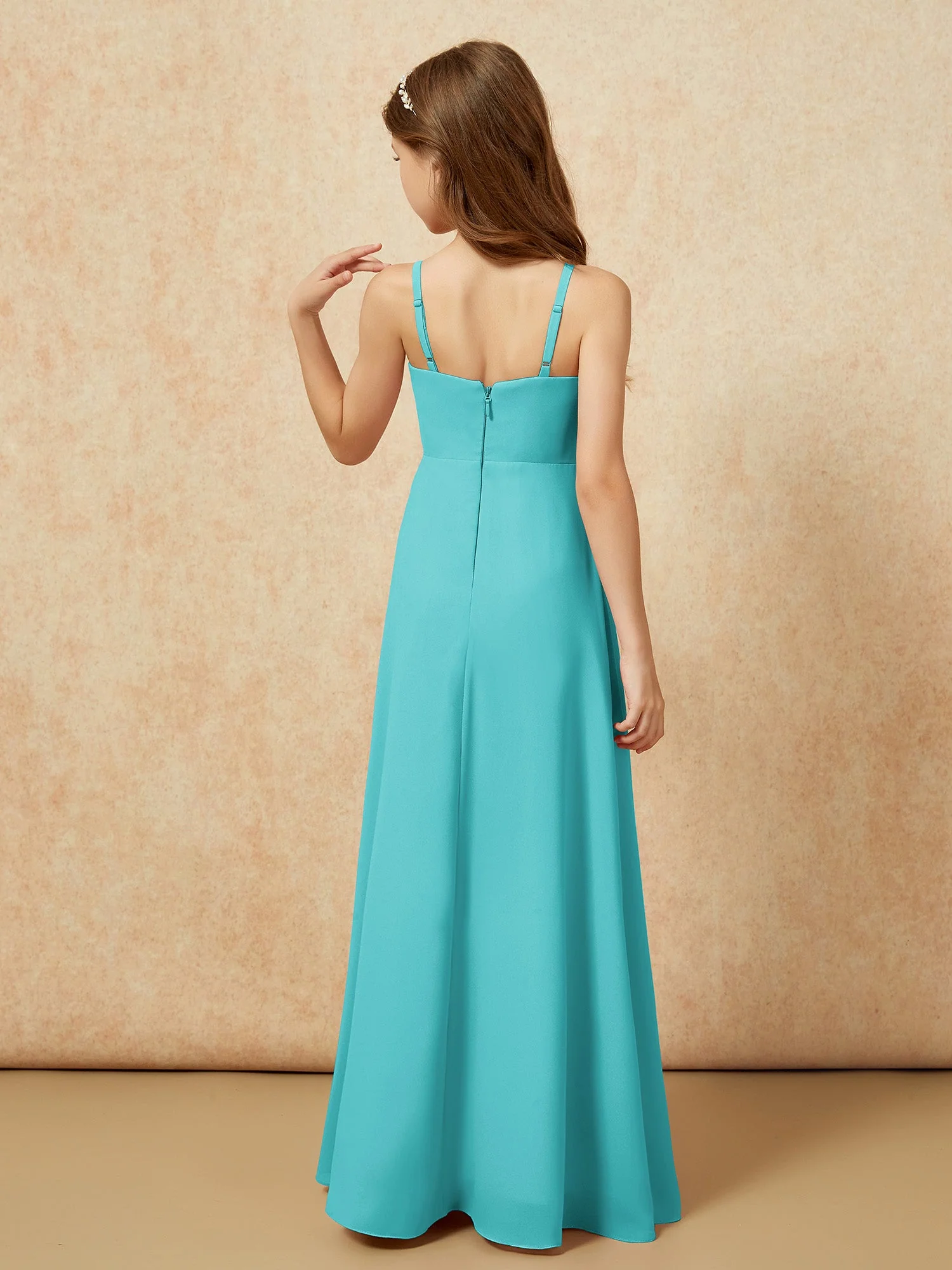 V-Ausschnitt Plissee Chiffon Lang Junge Brautjungfernkleider Jade - Image 2