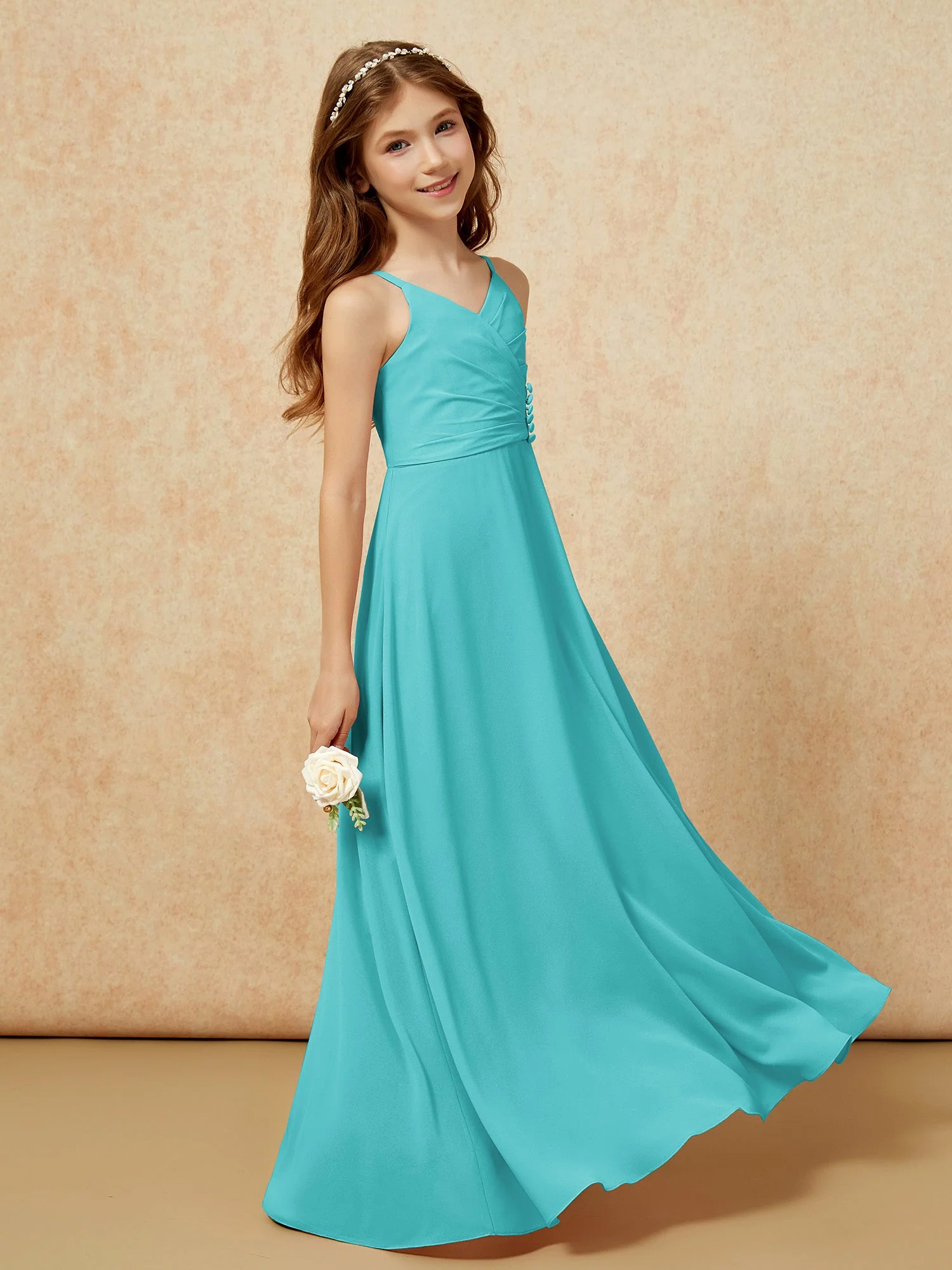 V-Ausschnitt Plissee Chiffon Lang Junge Brautjungfernkleider Jade - Image 3