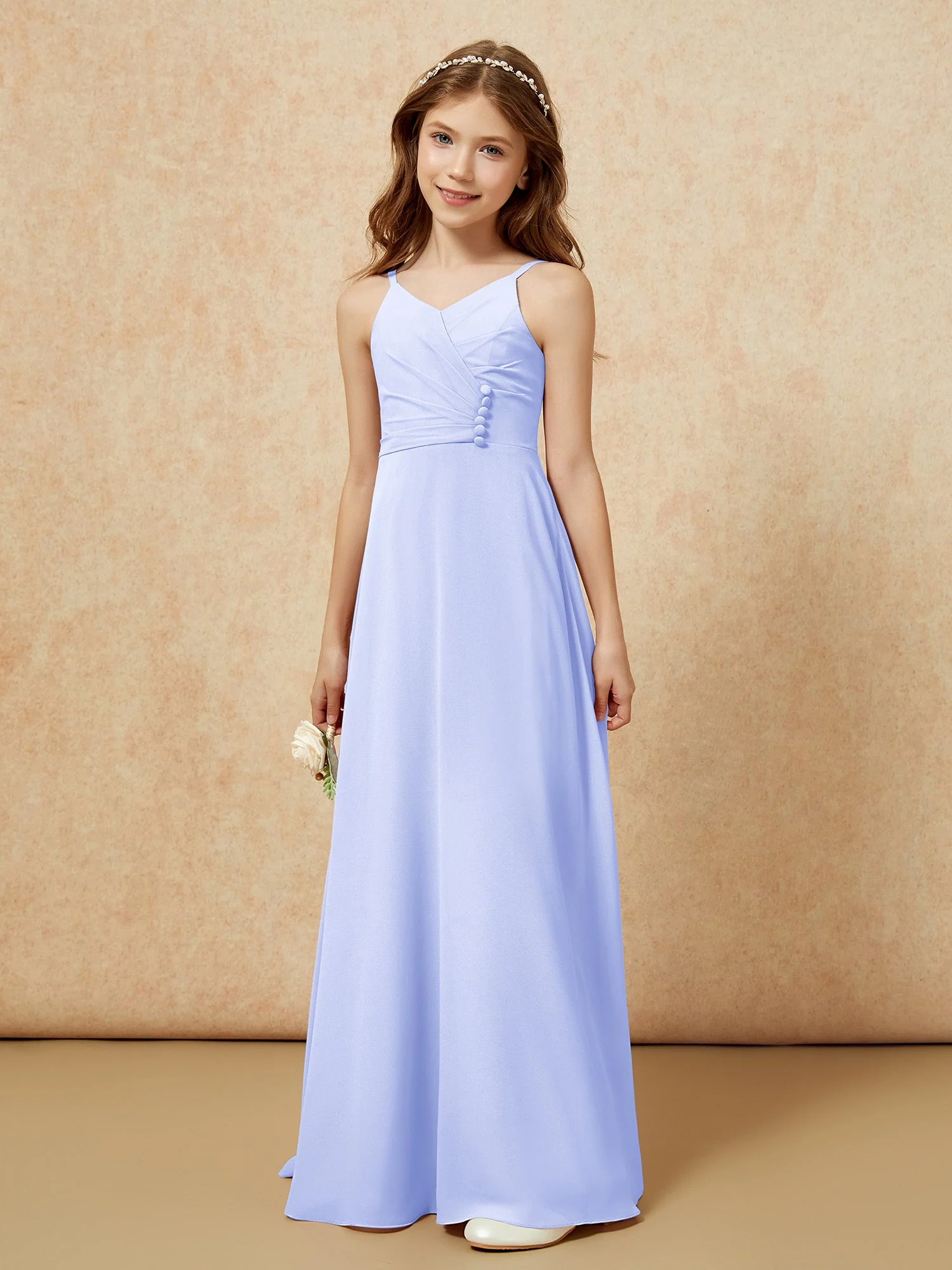 V-Ausschnitt Plissee Chiffon Lang Junge Brautjungfernkleider Lavendel