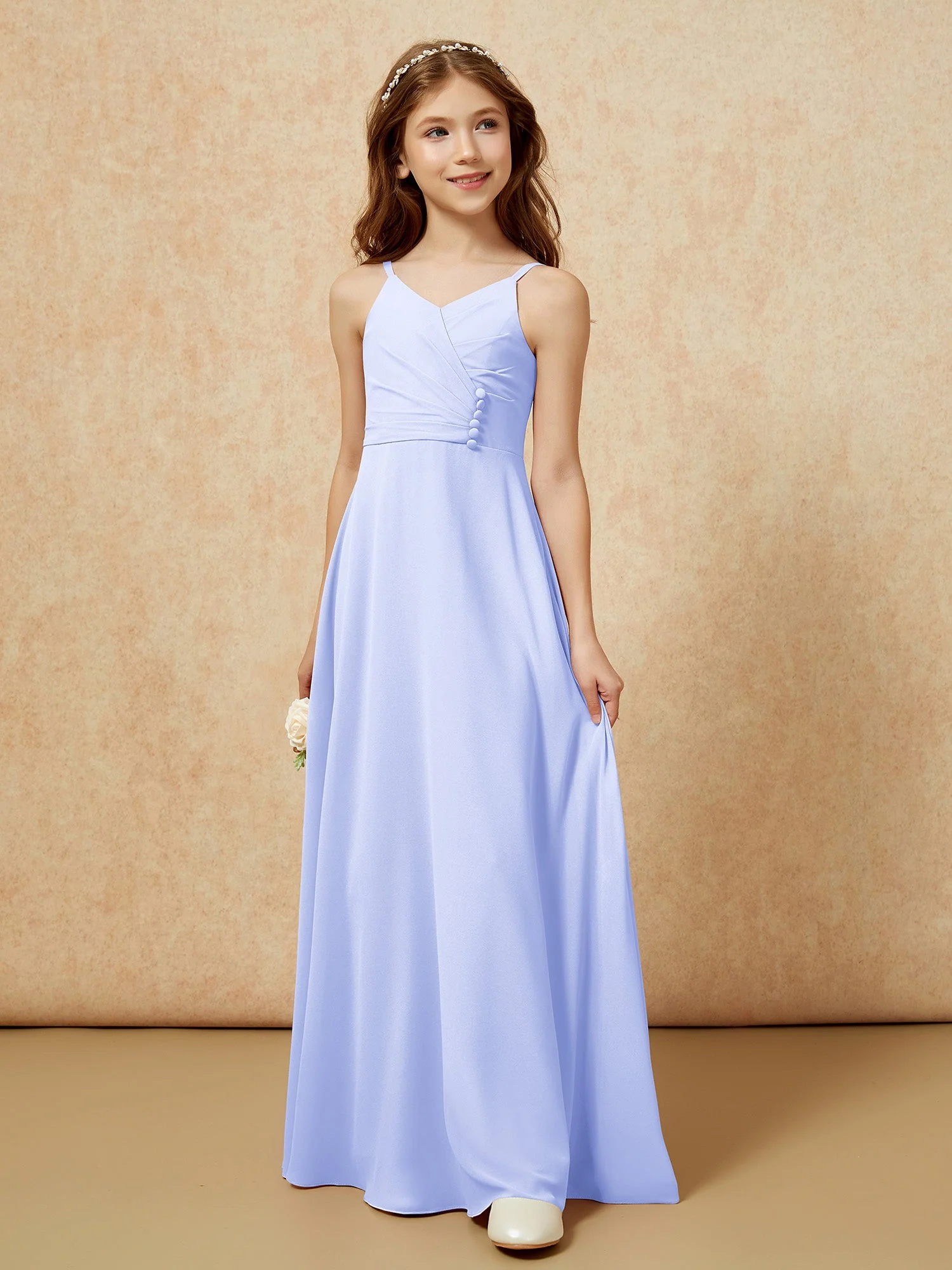 V-Ausschnitt Plissee Chiffon Lang Junge Brautjungfernkleider Lavendel - Image 5