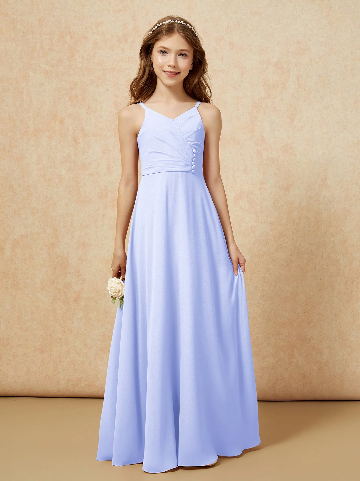 V-Ausschnitt Plissee Chiffon Lang Junge Brautjungfernkleider Lavendel - Image 6