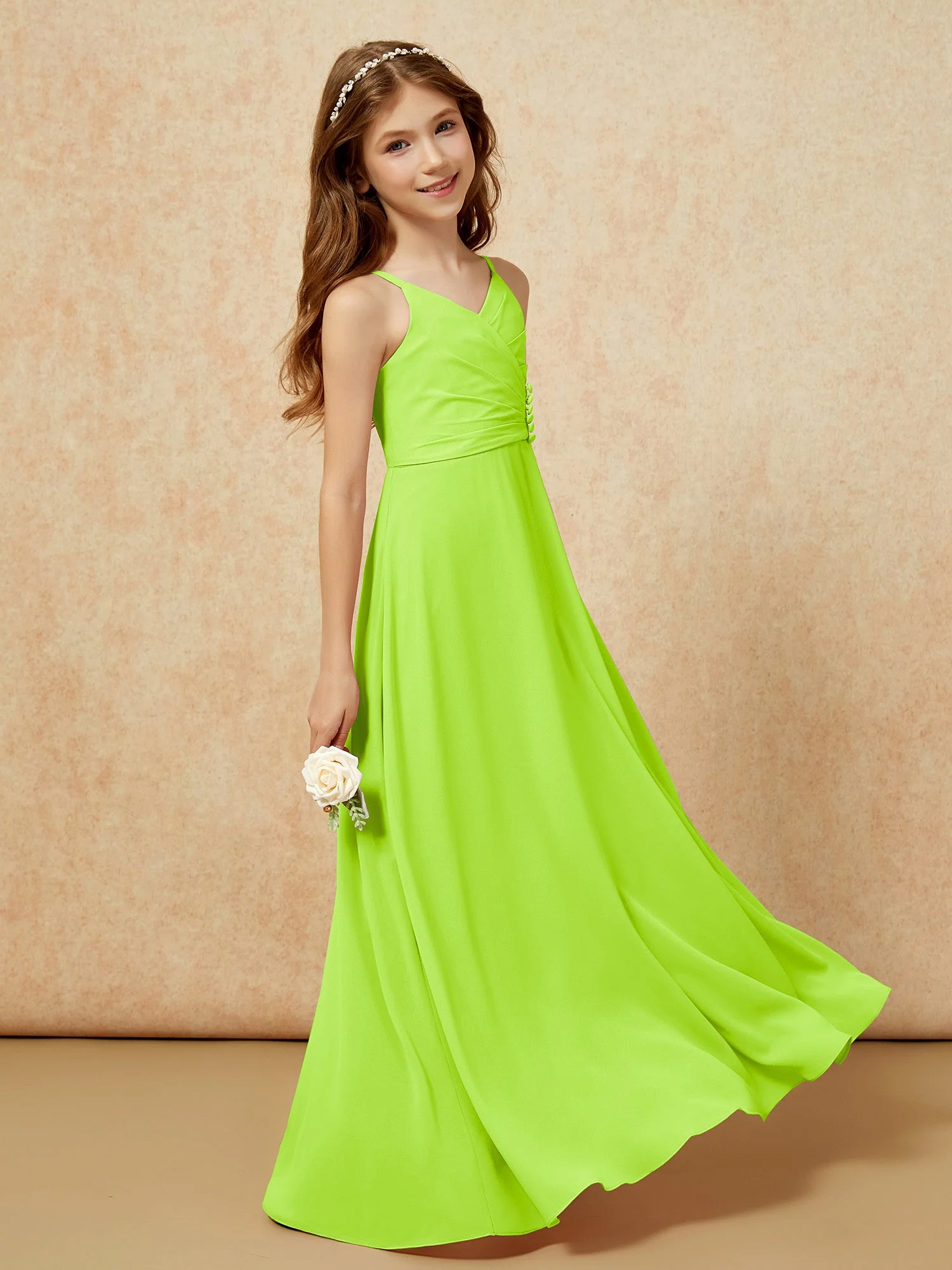 V-Ausschnitt Plissee Chiffon Lang Junge Brautjungfernkleider Lindgrün - Image 3