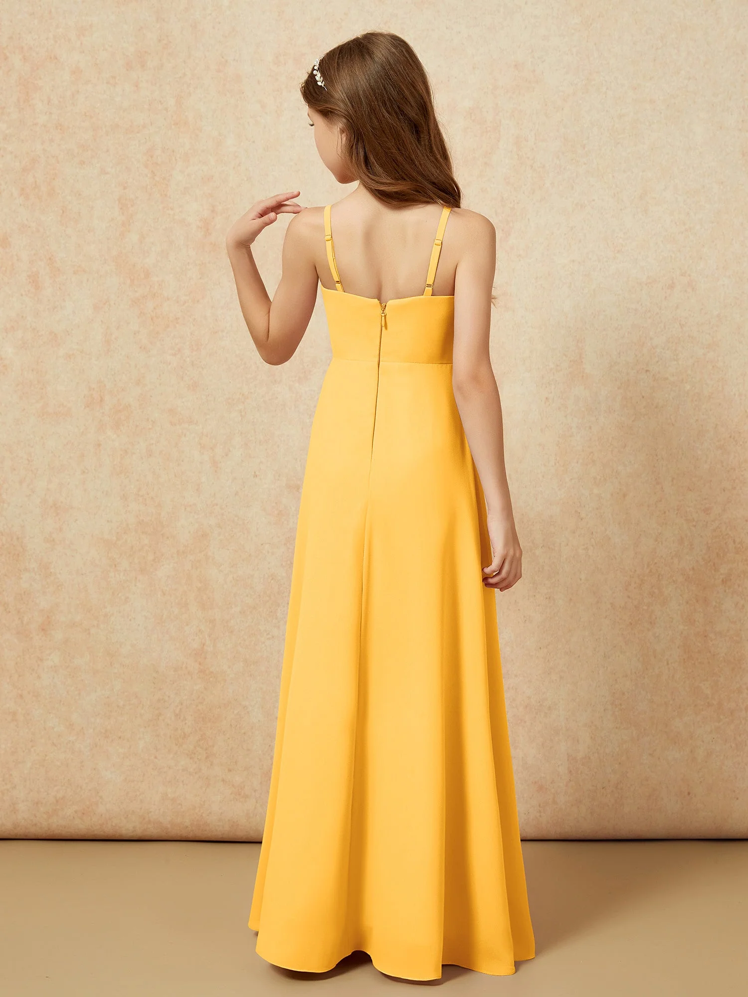 V-Ausschnitt Plissee Chiffon Lang Junge Brautjungfernkleider Mandarine - Image 2